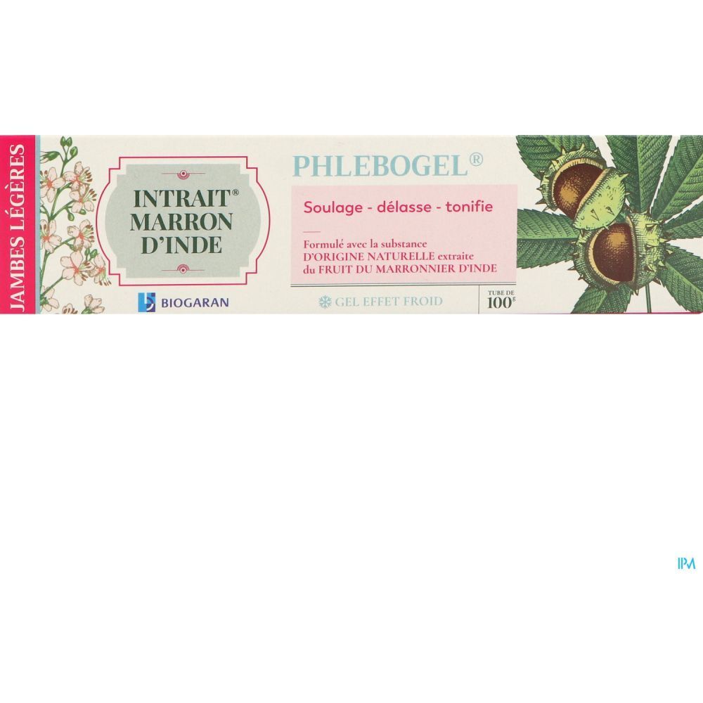 Boîte avec texte : Phlebogel, Intrait Marron d'Inde, Jambes Légères. Illustration : marron d'Inde.