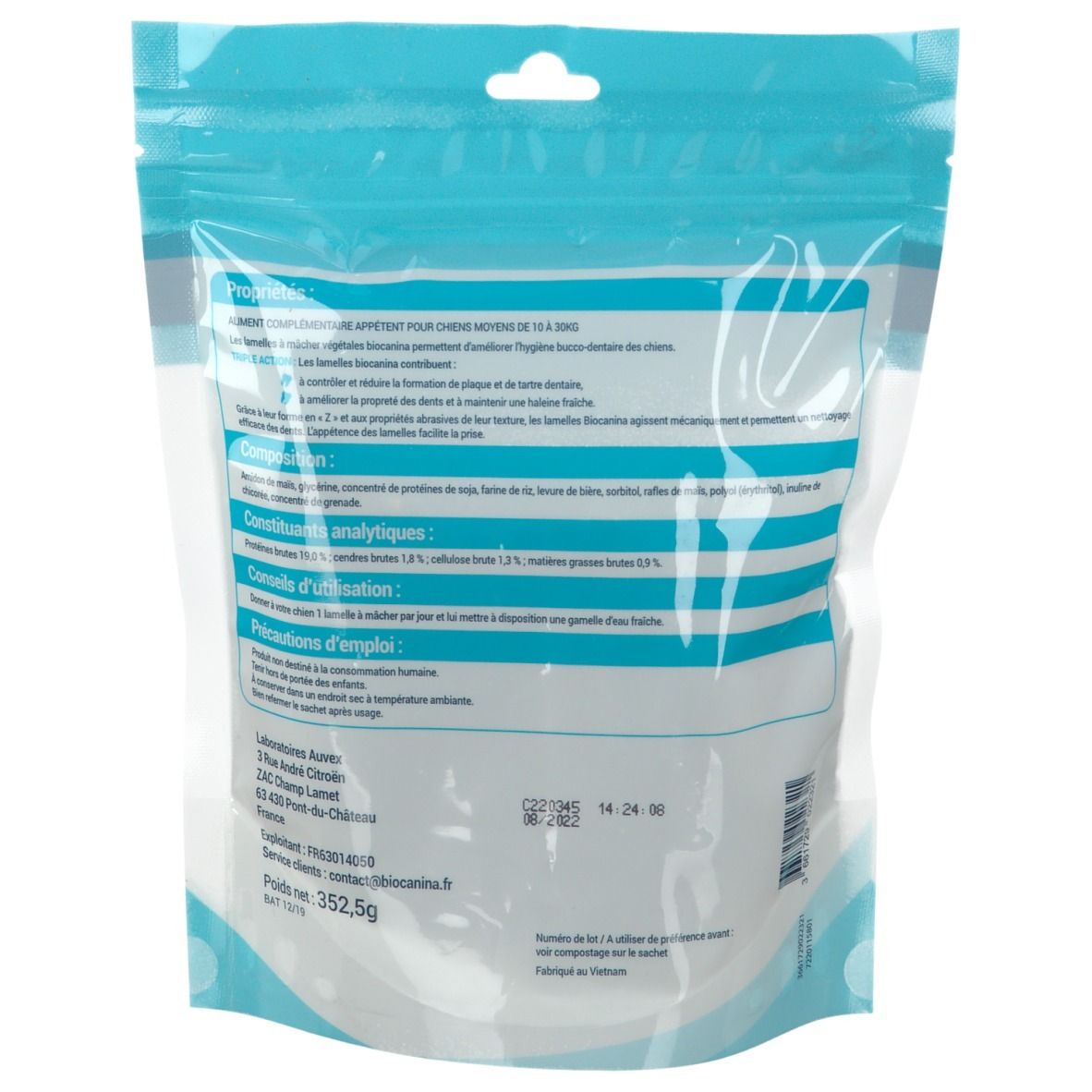 Rückseite der TRIODENTAL-Verpackung. Enthält Textinformationen und Inhaltsstoffe. Weiße Schrift auf blauem Hintergrund. Gewicht: 352,5g.