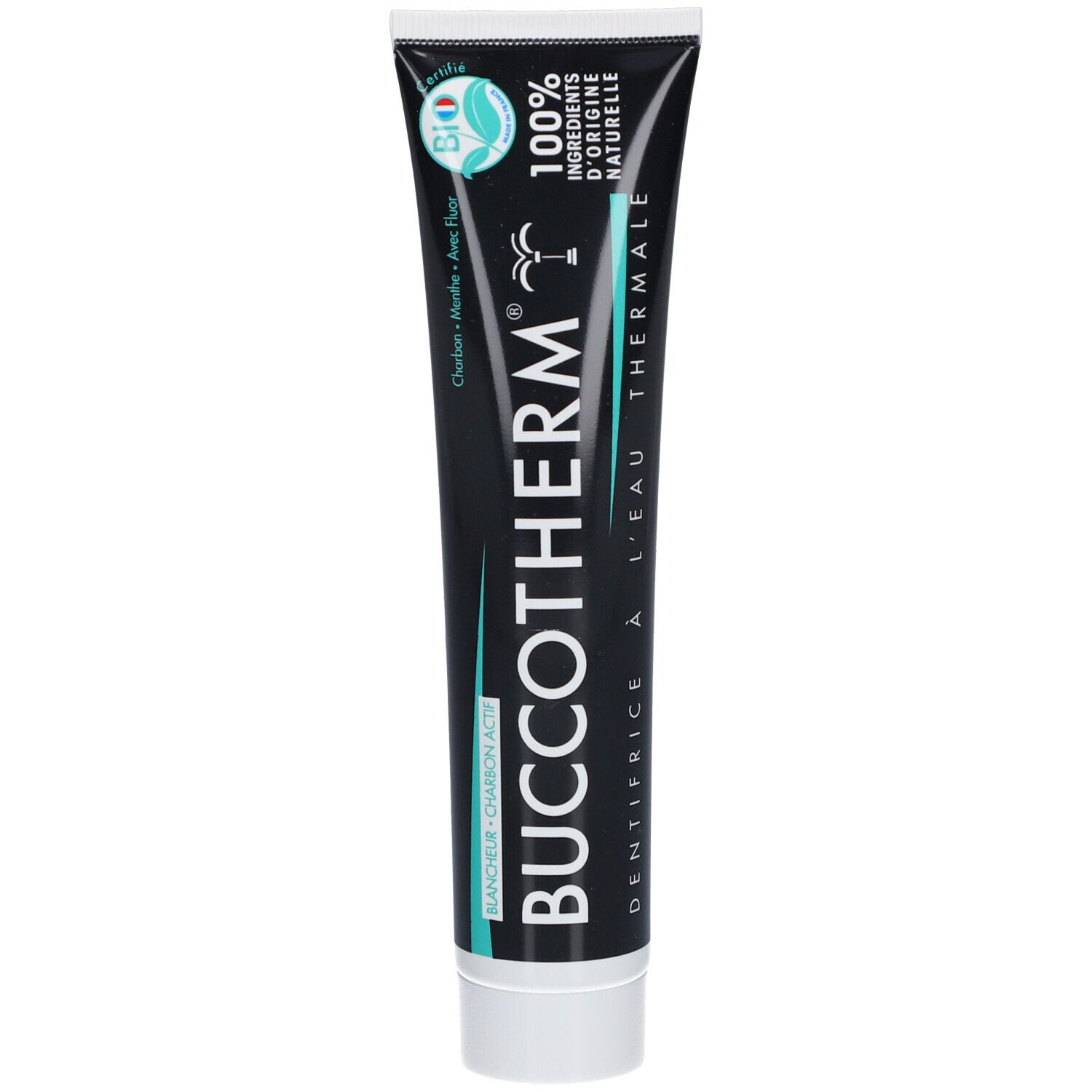 Tube de dentifrice noir. Inscriptions: BUCCOTHERM, Dentifrice à l'Eau Thermale, 100% ingrédients d'origine naturelle. Logo Bio.