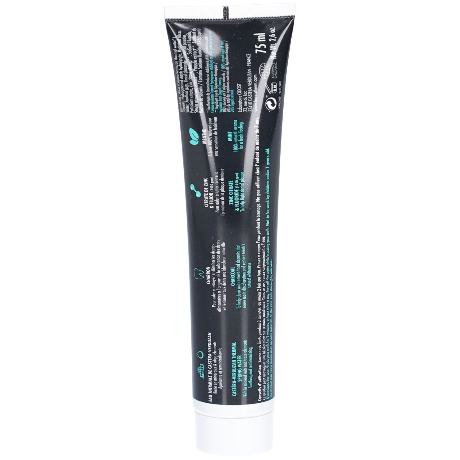 Dos d'un tube de dentifrice noir. Texte et logos. Contient des informations sur les ingrédients et les certifications.
