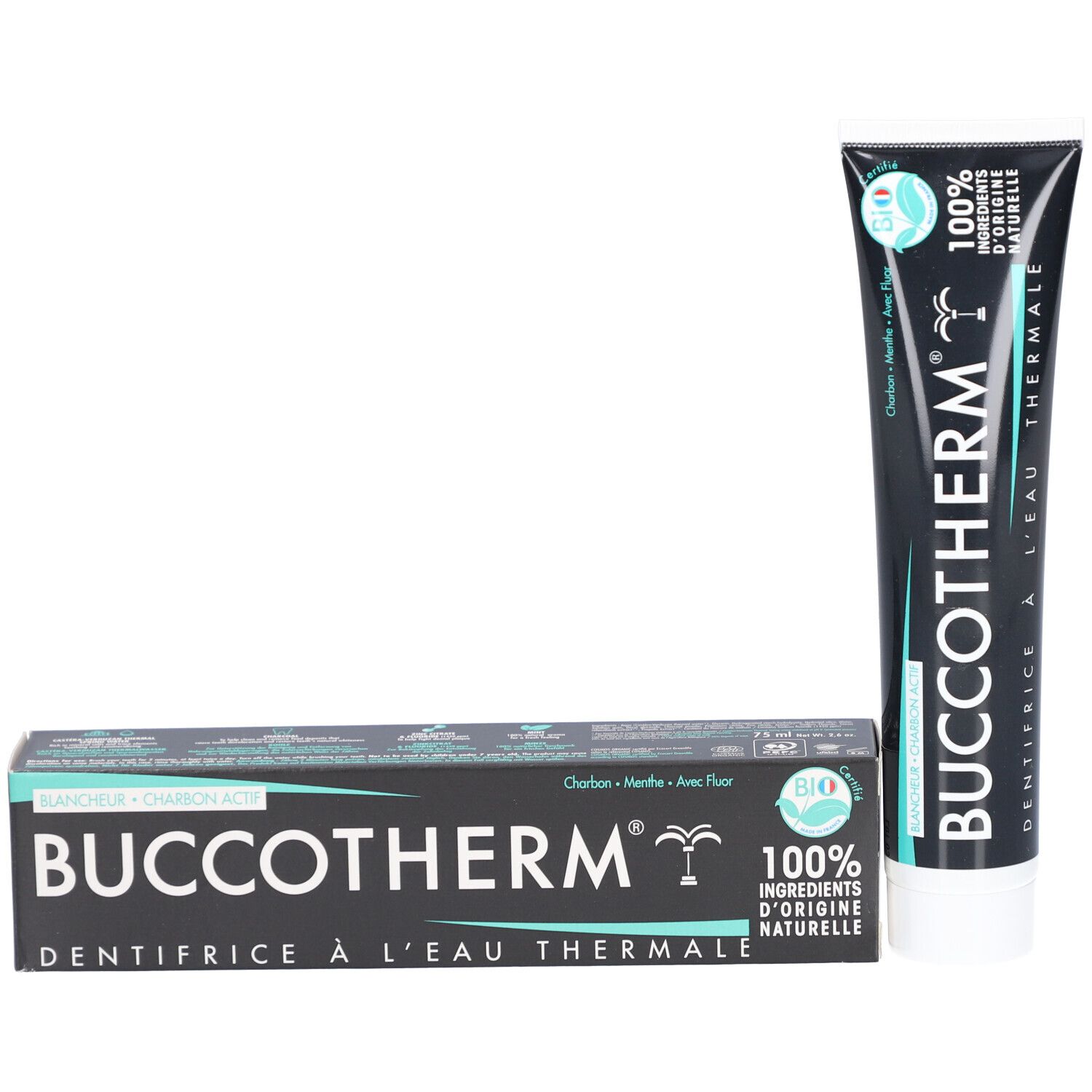 Tube et boîte de dentifrice. Inscriptions: BUCCOTHERM, Dentifrice à l'Eau Thermale. Boîte avec logo Bio et 100% ingrédients naturels.