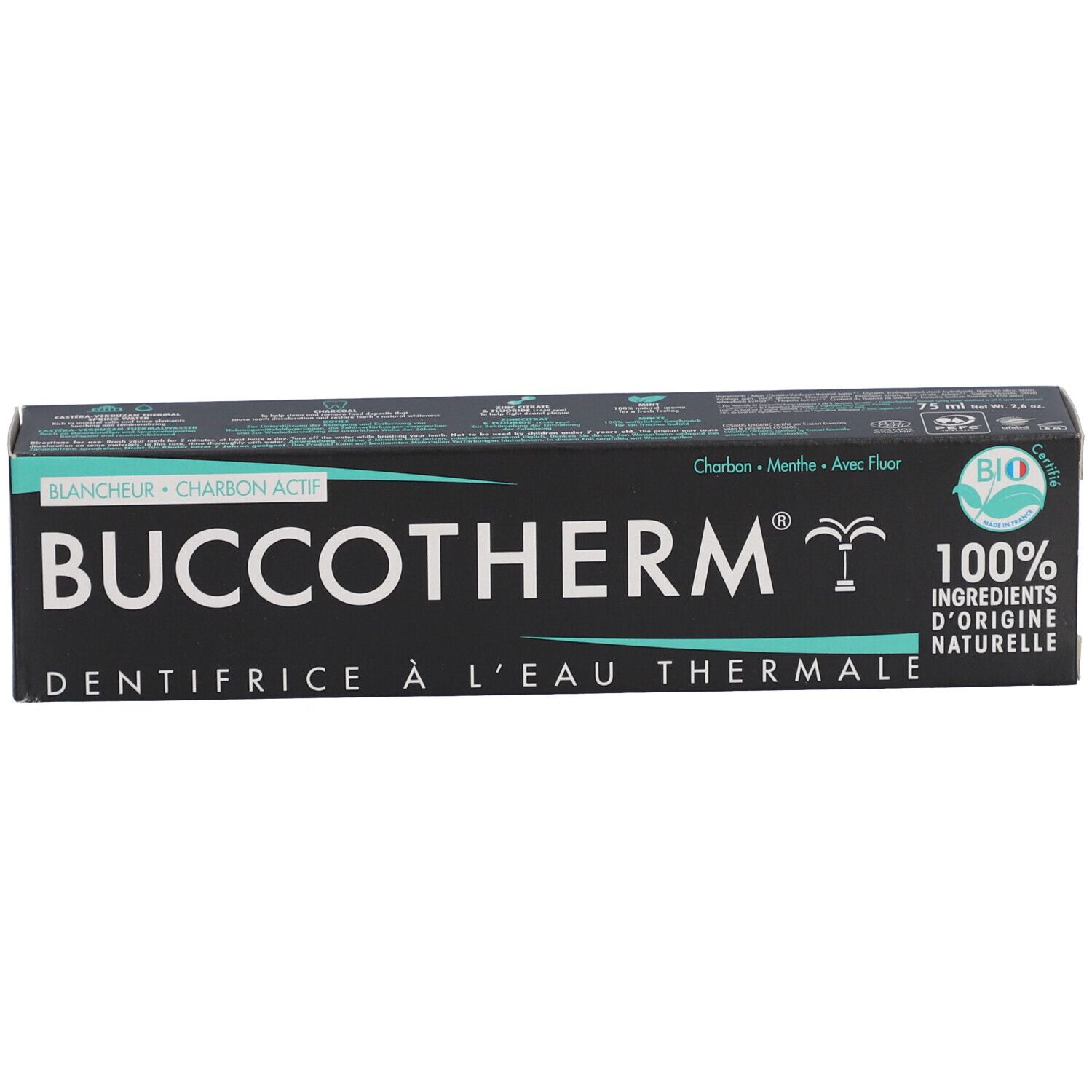 Boîte noire avec inscription: BUCCOTHERM, Dentifrice à l'Eau Thermale. Logo Bio et 100% ingrédients naturels.