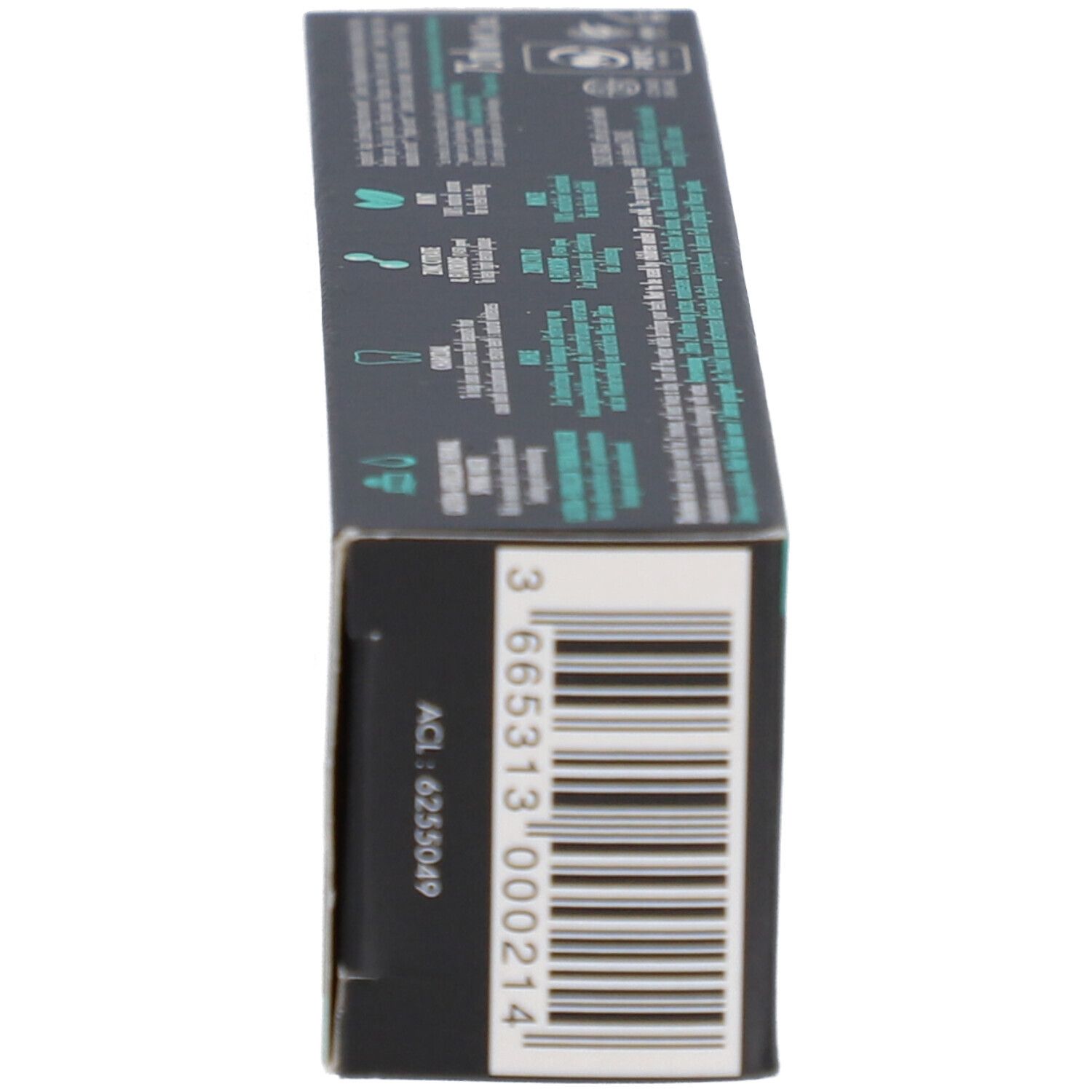Vue latérale d'une boîte noire. Code-barres et informations. Contient des informations sur le produit.