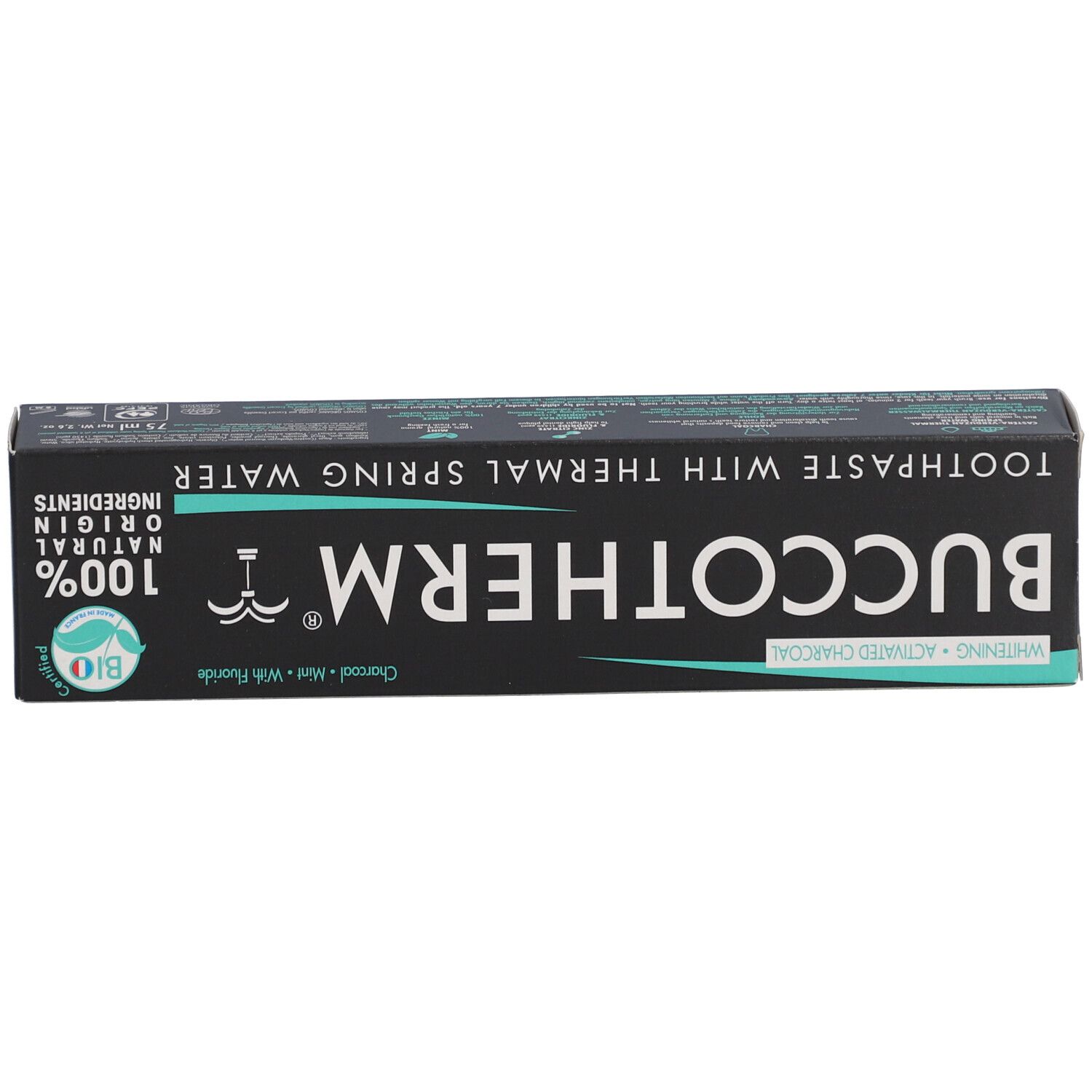 Boîte noire avec inscription: BUCCOTHERM, dentifrice à l'eau thermale. 100% ingrédients naturels. Logo Bio.