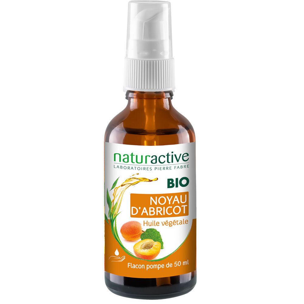 Flacon pompe en verre brun. Étiquette avec nom du produit et label BIO.