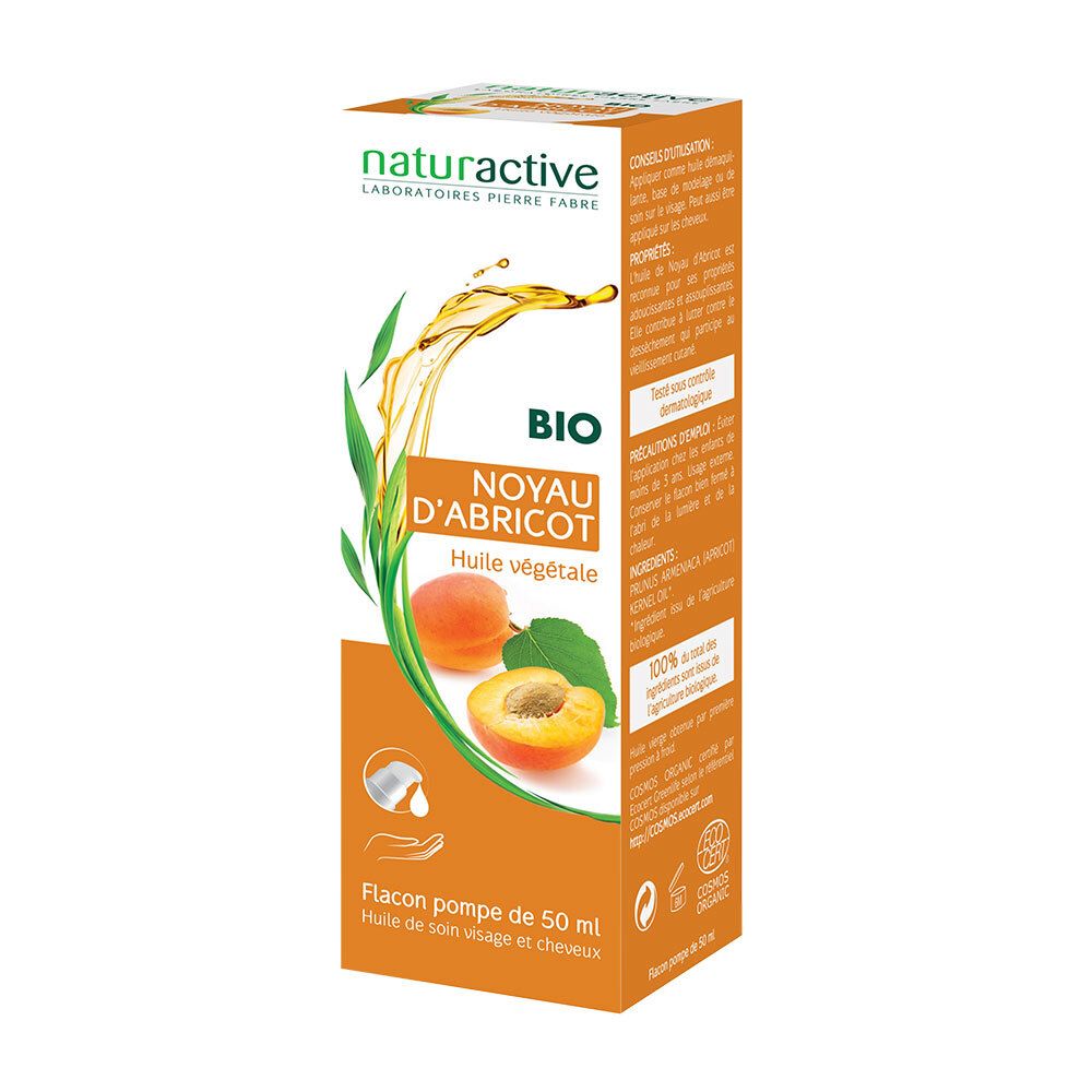 Emballage carton avec nom du produit et label BIO. Illustration d'abricots.