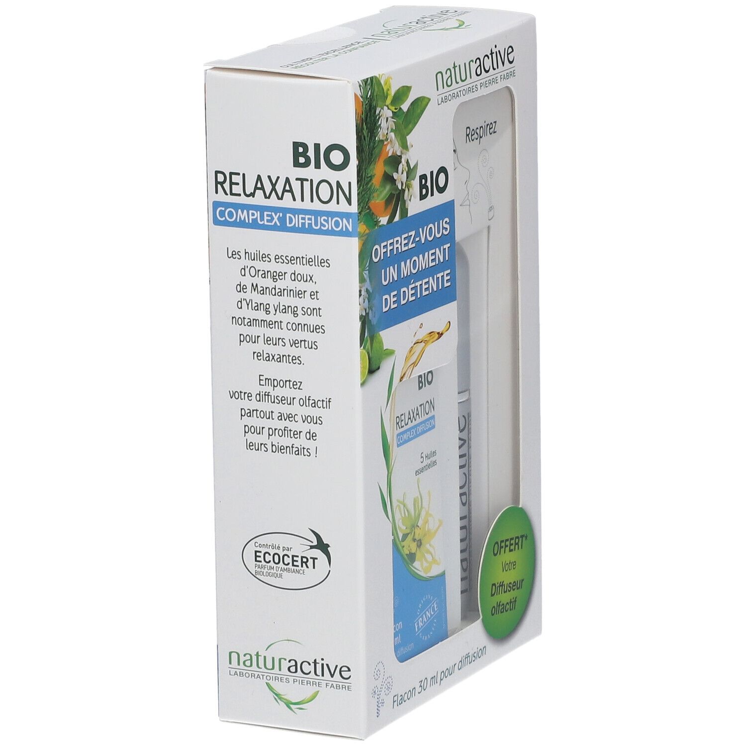 Coffret Naturactive BIO Relaxation. Contient un diffuseur et des informations sur les huiles essentielles.
