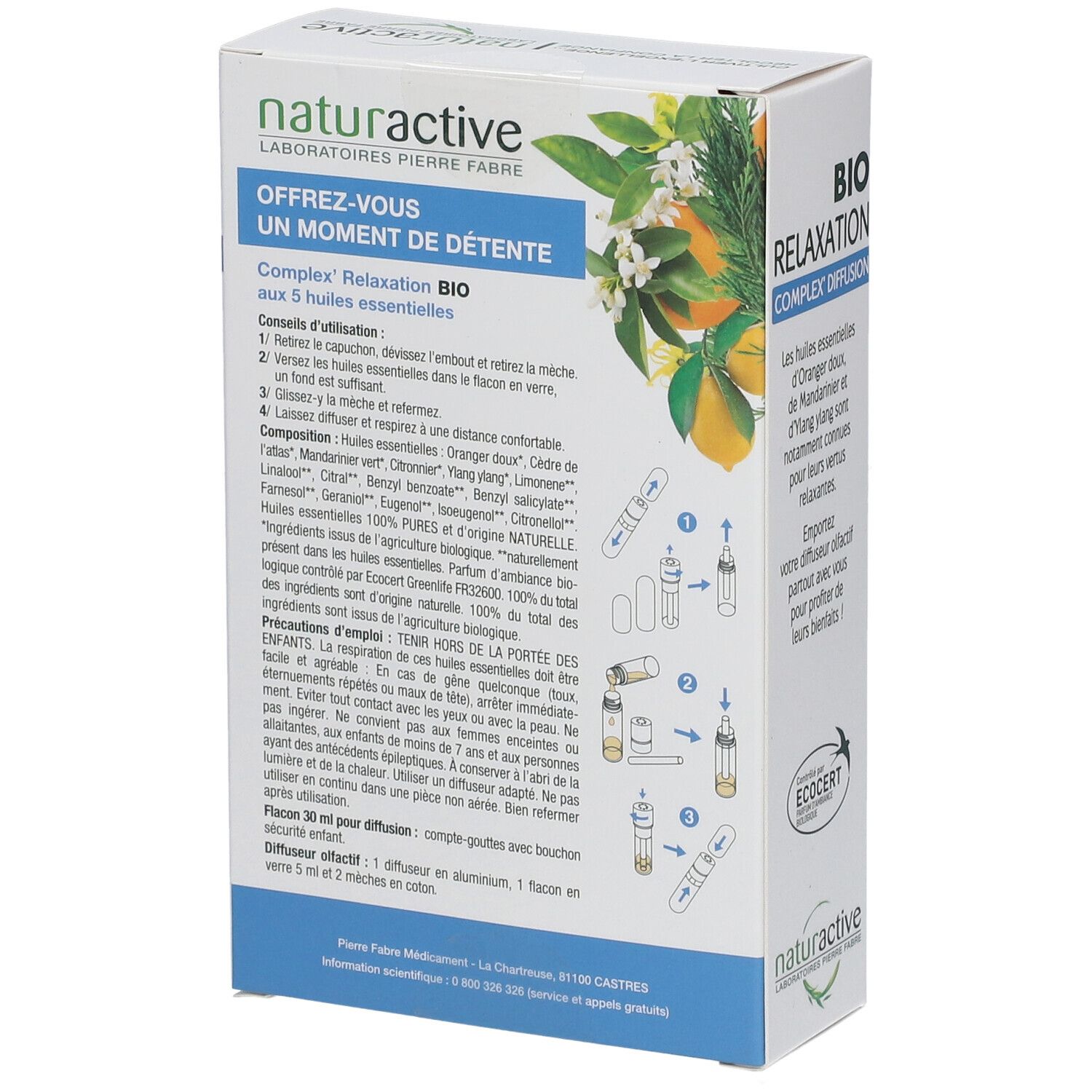 Dos du coffret Naturactive BIO Relaxation. Contient des informations sur les ingrédients et l'utilisation.