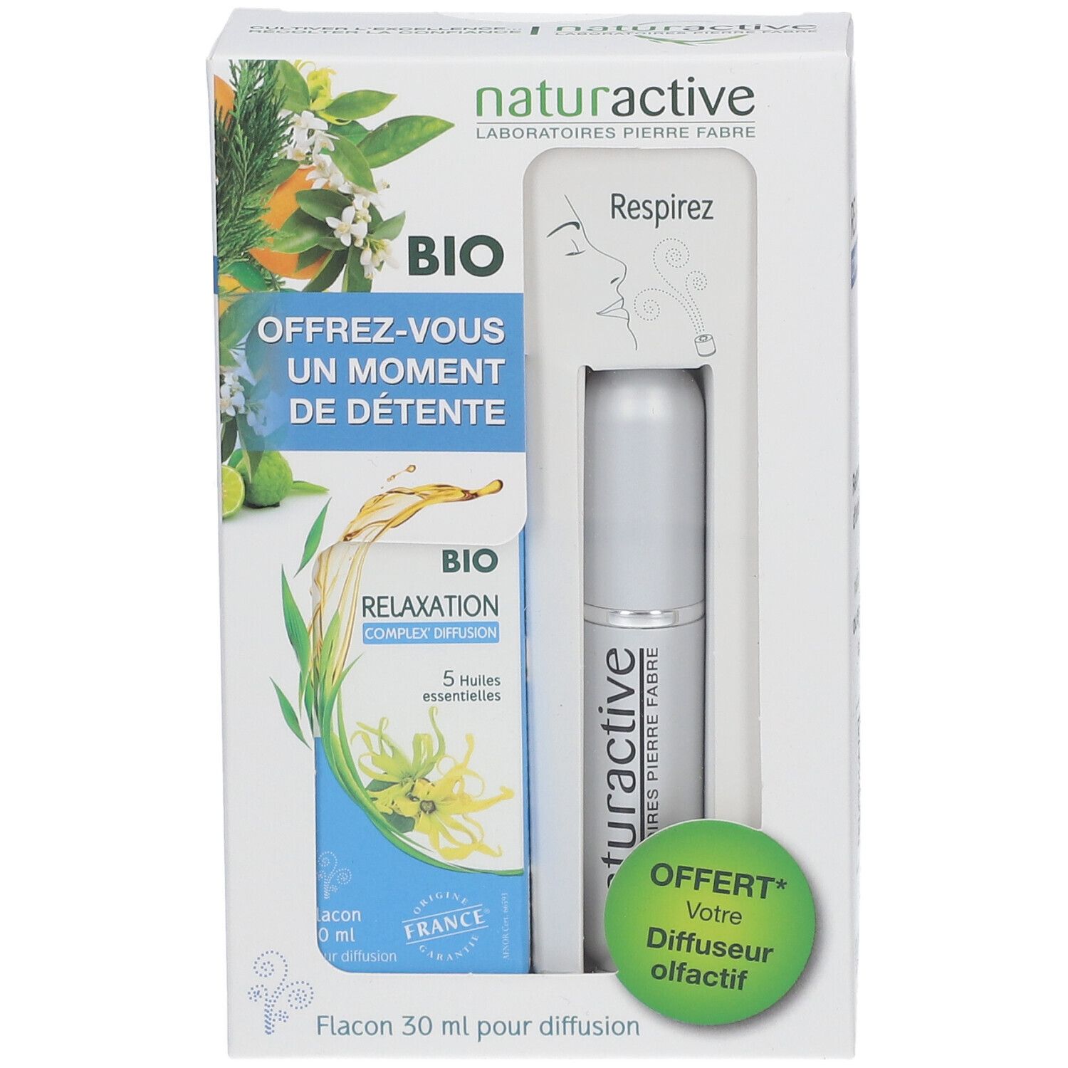 Coffret Naturactive BIO Relaxation. Contient un diffuseur et un flacon d'huiles essentielles.