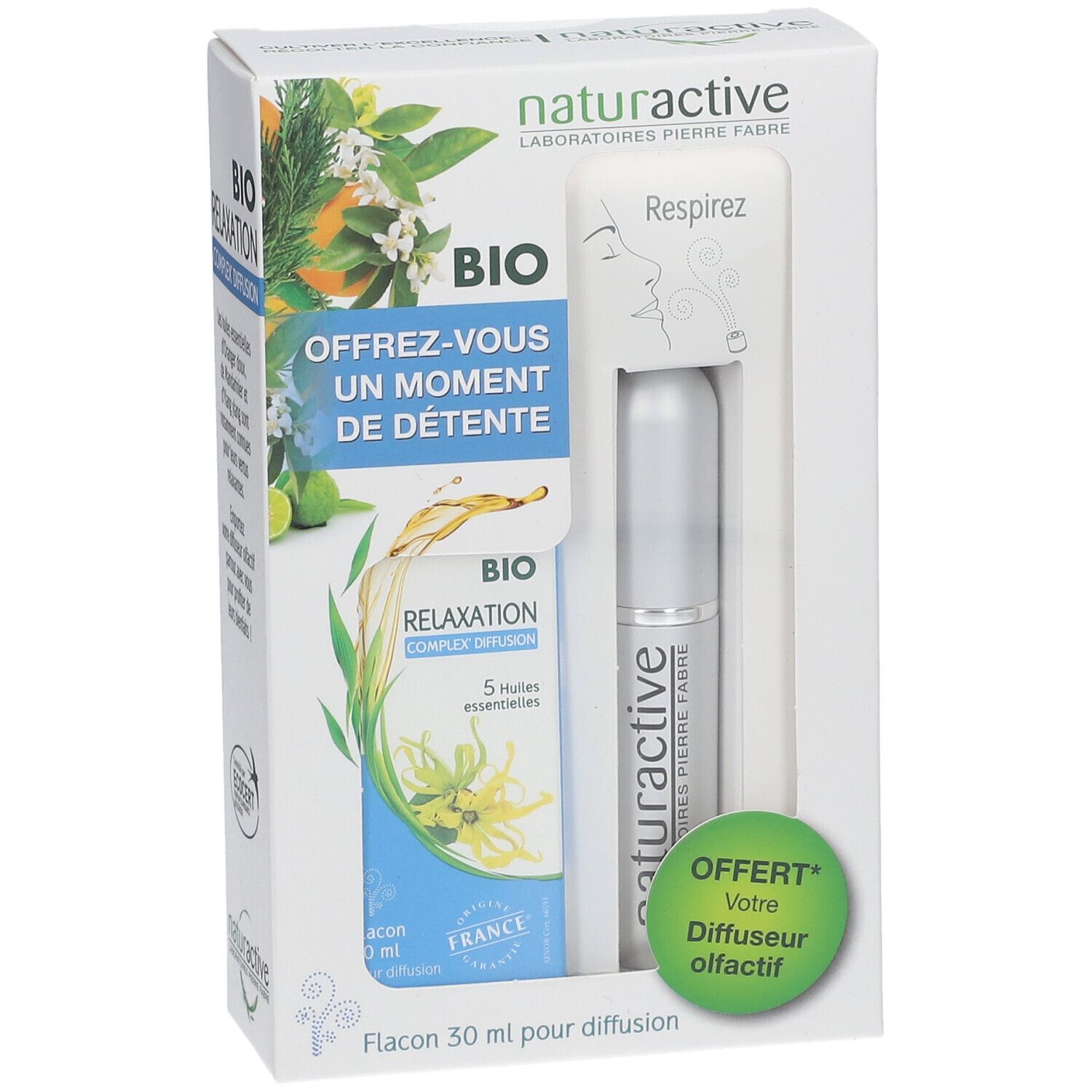 Coffret Naturactive BIO Relaxation. Contient un diffuseur et un flacon d'huiles essentielles.