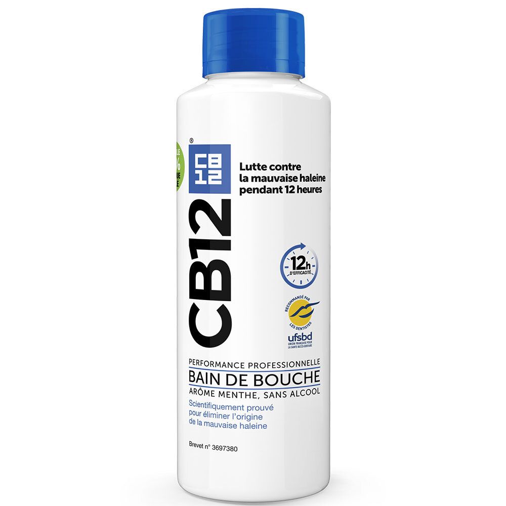 Bain de bouche CB12. Flacon blanc, bouchon bleu. Lutte contre la mauvaise haleine pendant 12 heures. Sans alcool. Arôme menthe.