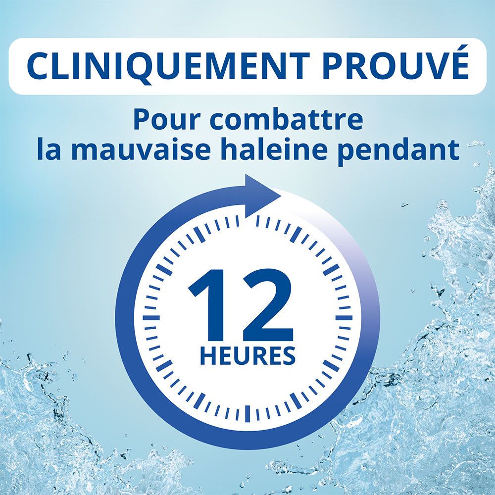 Fond bleu avec texte : Cliniquement prouvé. Pour combattre la mauvaise haleine pendant 12 heures.