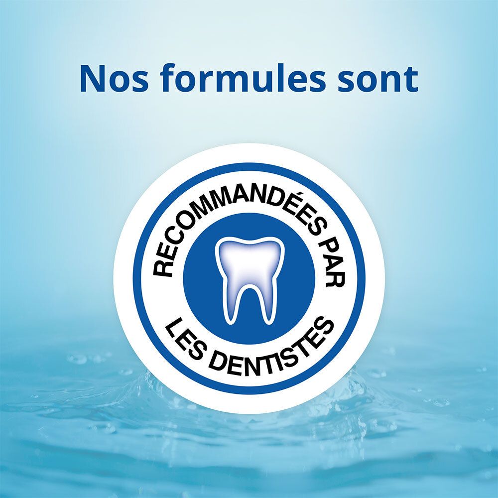 Fond bleu avec logo : Recommandé par les dentistes. Symbole de dent blanche.