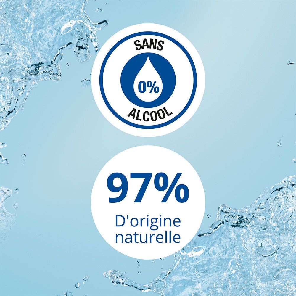 Fond bleu avec logos : Sans alcool 0%. 97% d'origine naturelle.