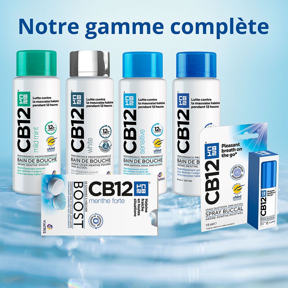 Différents produits CB12 : bains de bouche, comprimés, spray. Tous avec le logo CB12.