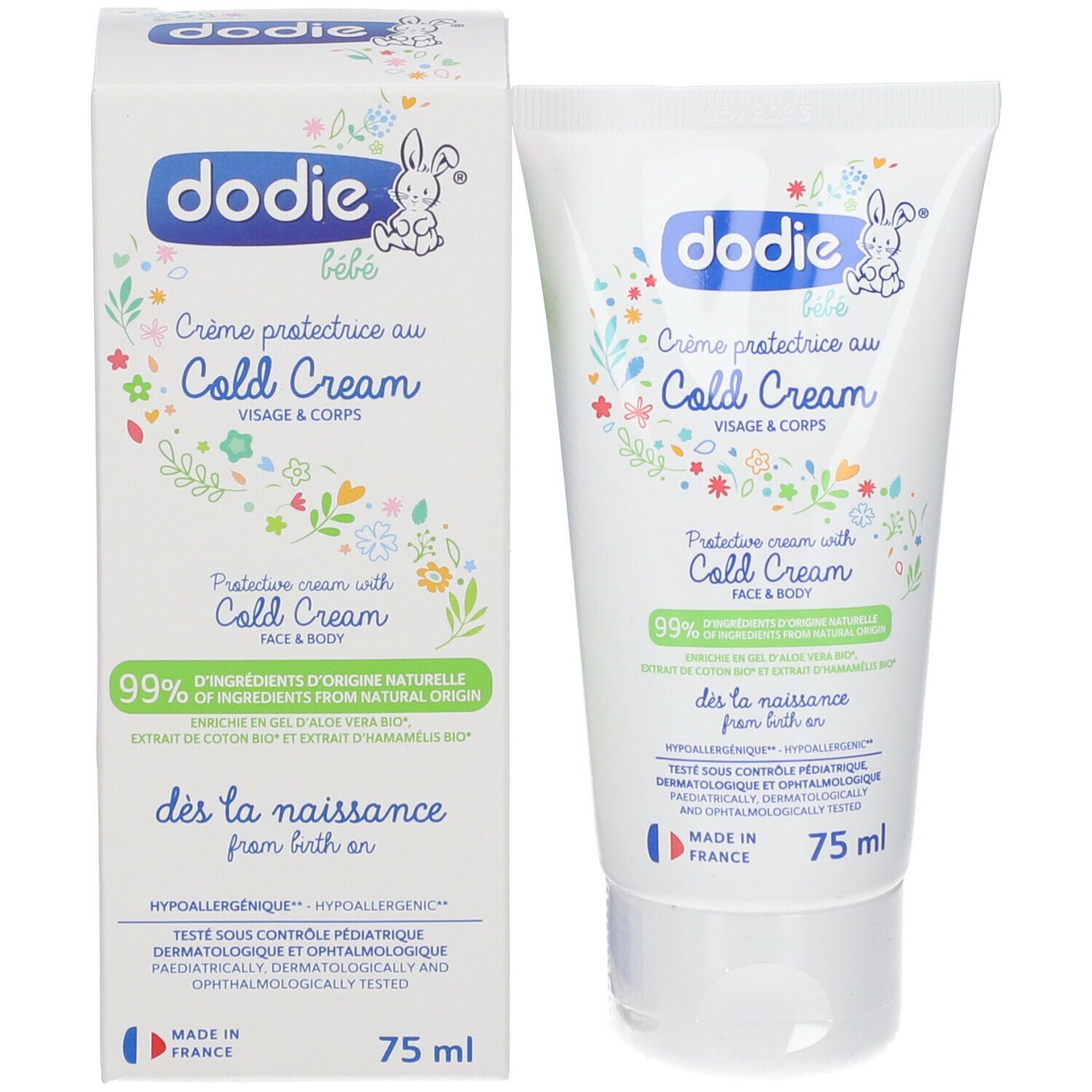 Produktverpackung: Tube und Karton. Beide mit "dodie" Logo und "Cold Cream" Aufschrift. 75 ml. Mit französischem Flaggen-Symbol.