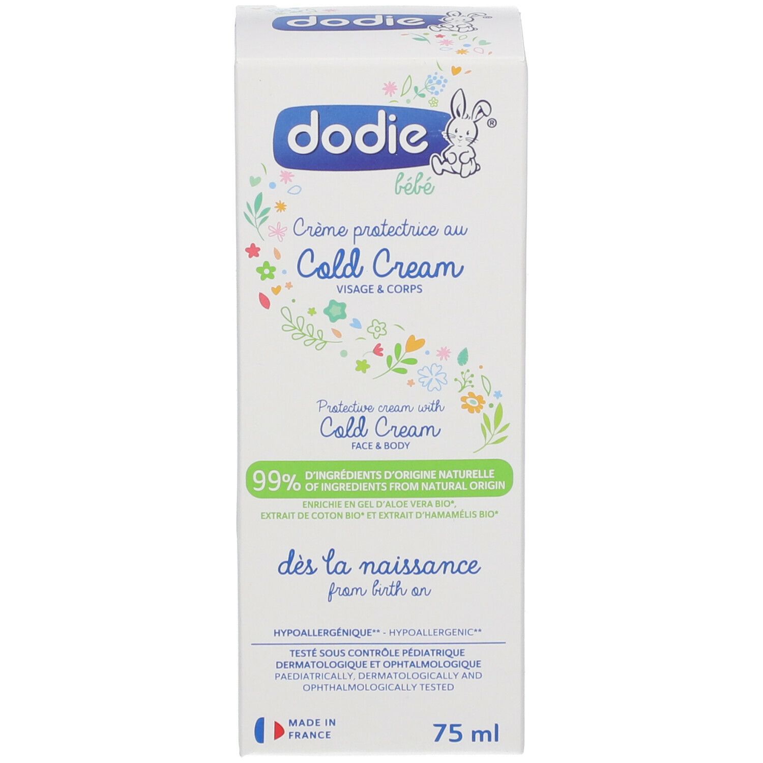 Weißer Karton mit "dodie" Logo und "Cold Cream" Aufschrift. 75 ml. Mit französischem Flaggen-Symbol. Logo mit Kaninchen.