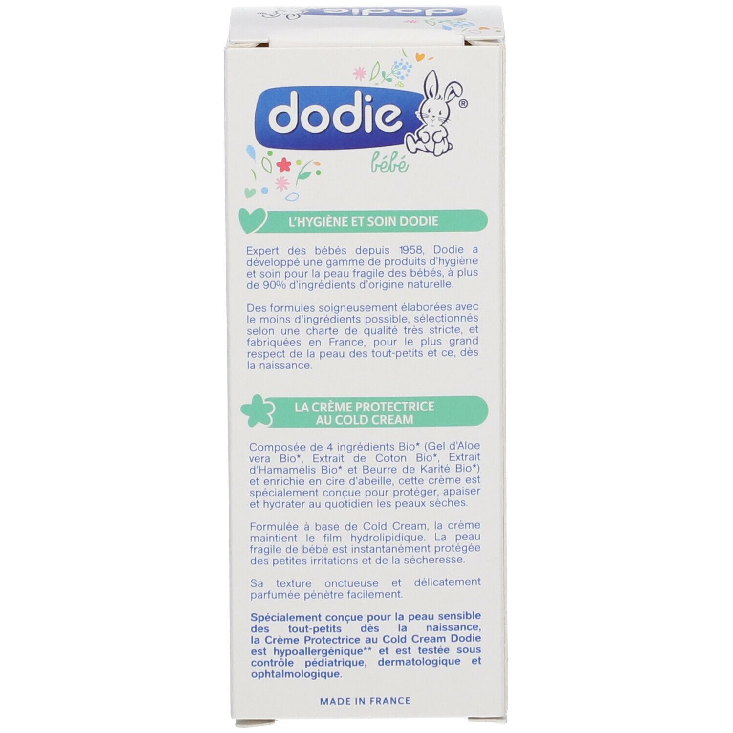 Rückseite des Kartons. Text über die Inhaltsstoffe und die Marke "dodie". Logo mit Kaninchen.