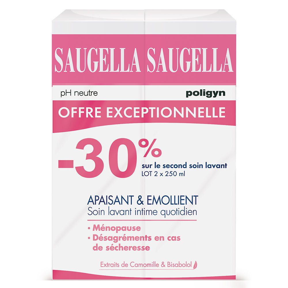Boîte blanche et rose. Logo SAUGELLA, pH neutre, poligyn. Offre : -30% sur le second produit. Texte : apaisant & émollient.