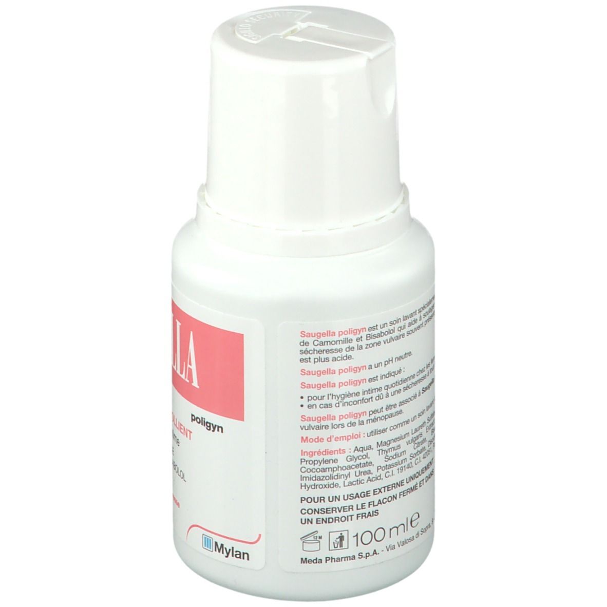Flacon blanc avec étiquette rose. Inscription: Saugella, polgyn. Texte sur l'utilisation. 100ml. Logo Mylan. Ingrédients.
