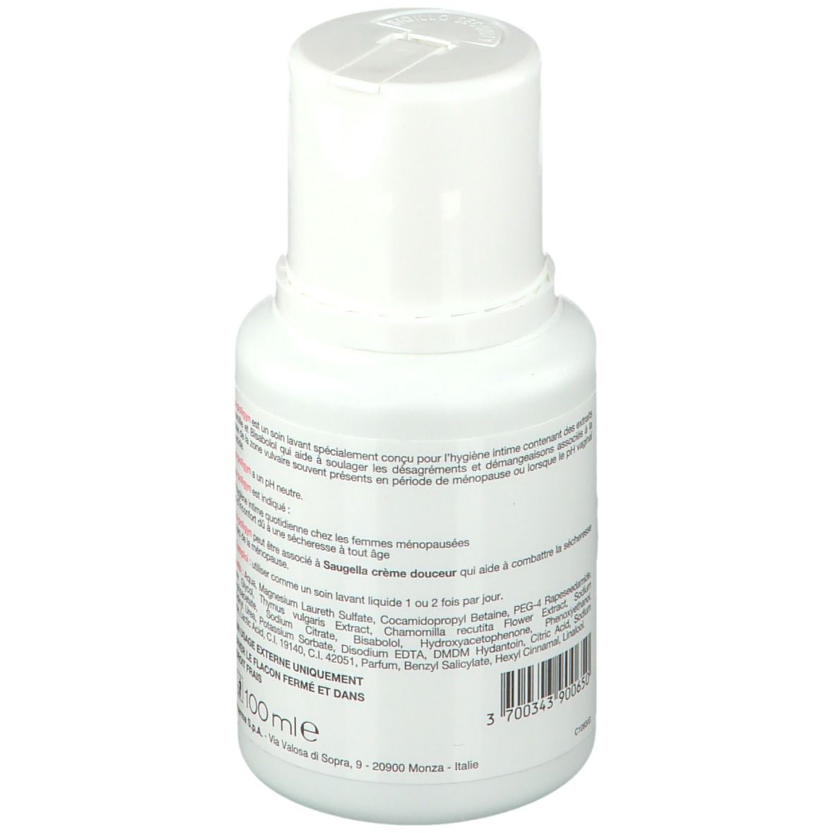 Flacon blanc avec texte. Inscription: 100ml. Ingrédients. Code-barres. Adresse du fabricant.