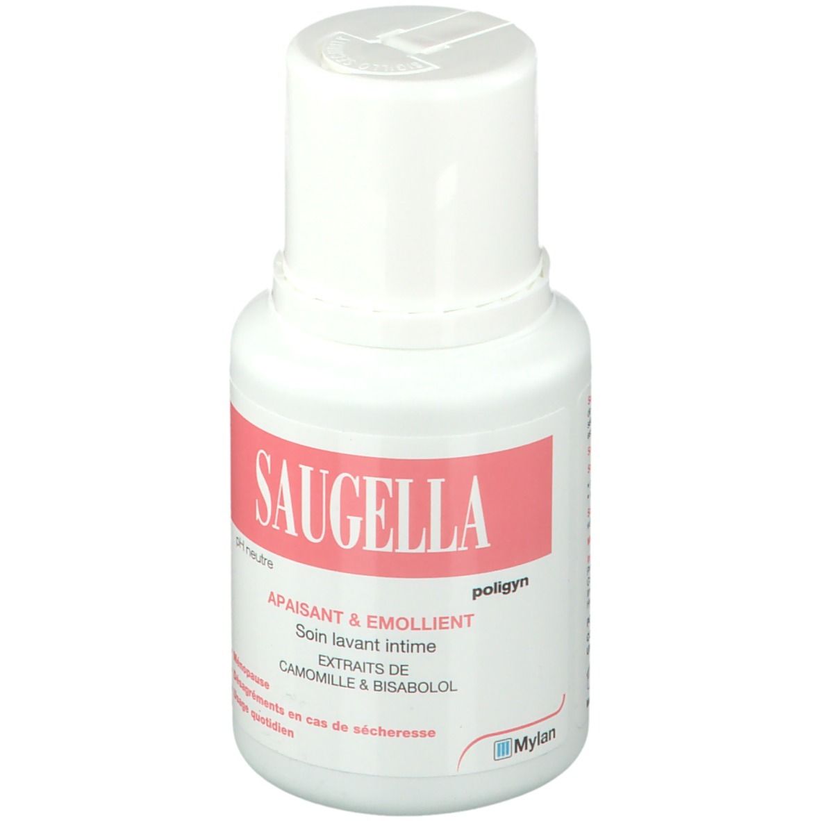 Flacon blanc avec étiquette rose. Inscription: Saugella, Apaisant & Emollient, pH neutre. Contient camomille & bisabolol. Logo Mylan.