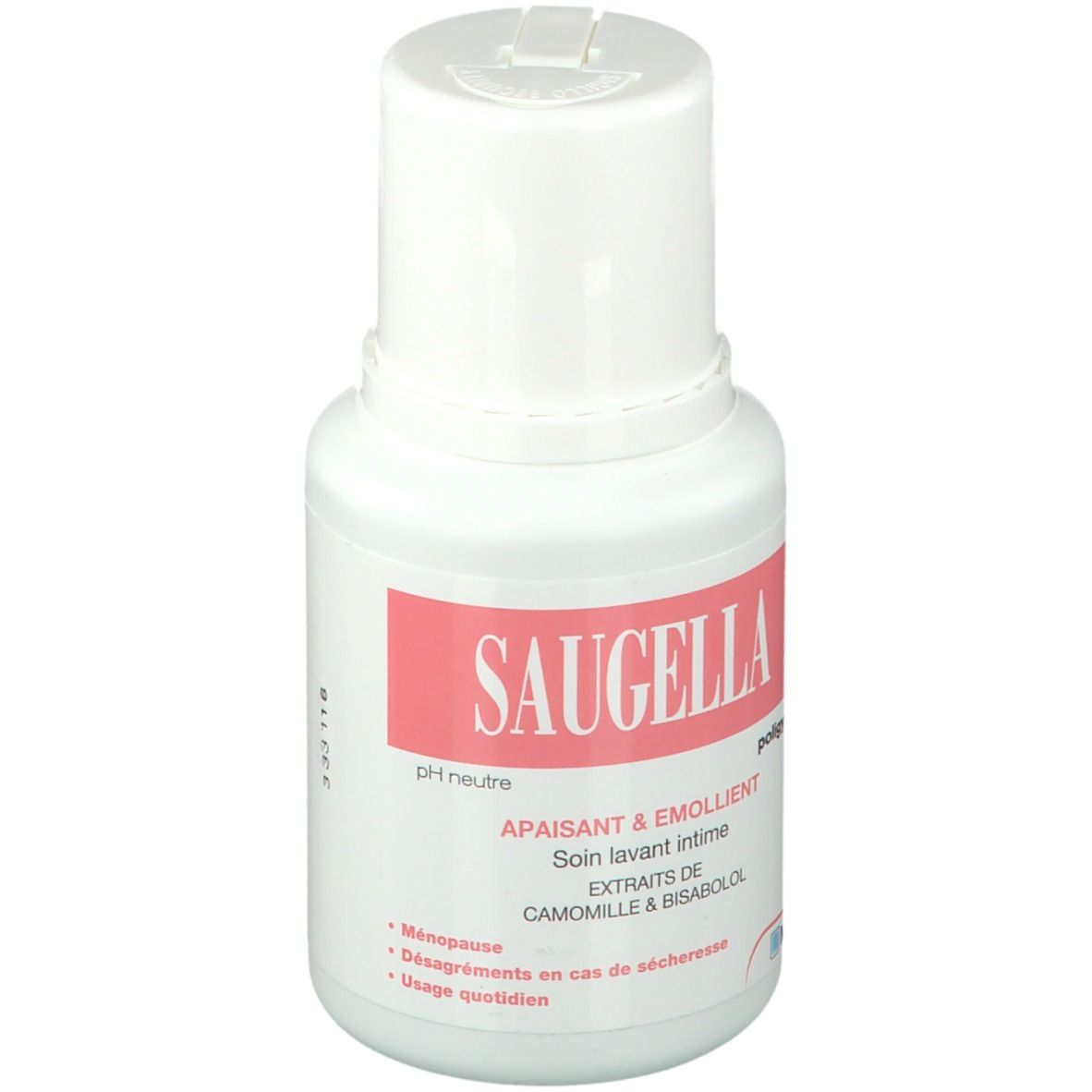 Flacon blanc avec étiquette rose. Inscription: Saugella, Apaisant & Emollient, pH neutre. Contient camomille & bisabolol. Logo Mylan.
