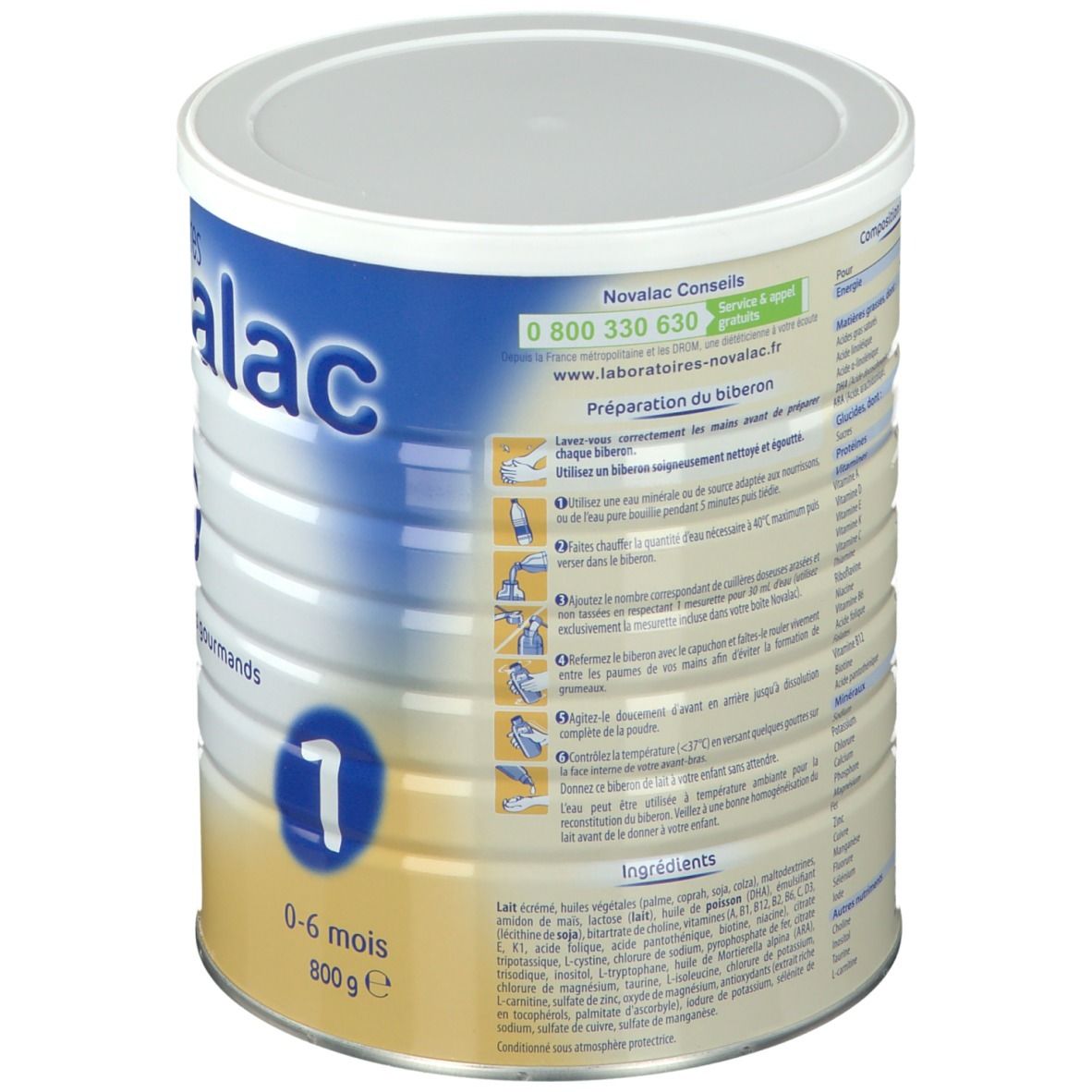 Dos de la boîte Novalac S 1. Texte: Préparation du biberon, ingrédients, informations nutritionnelles. Couvercle blanc.