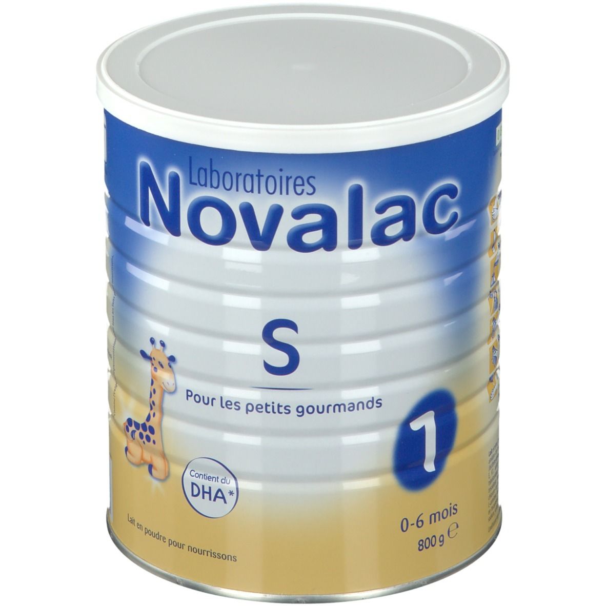 Boîte Novalac S 1, bleu et blanc. Inscription: S, 1, 0-6 mois. Illustration: girafe. Contient DHA. Lait en poudre pour nourrissons.