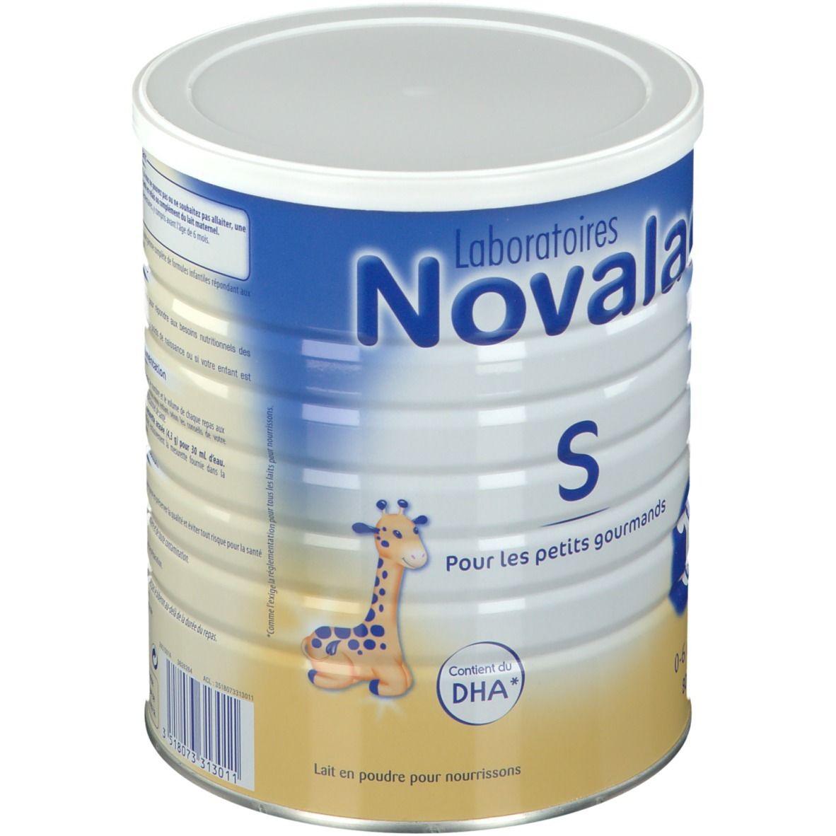Boîte Novalac S 1, bleu et blanc. Inscription: S, 1, 0-6 mois. Illustration: girafe. Contient DHA. Lait en poudre pour nourrissons.
