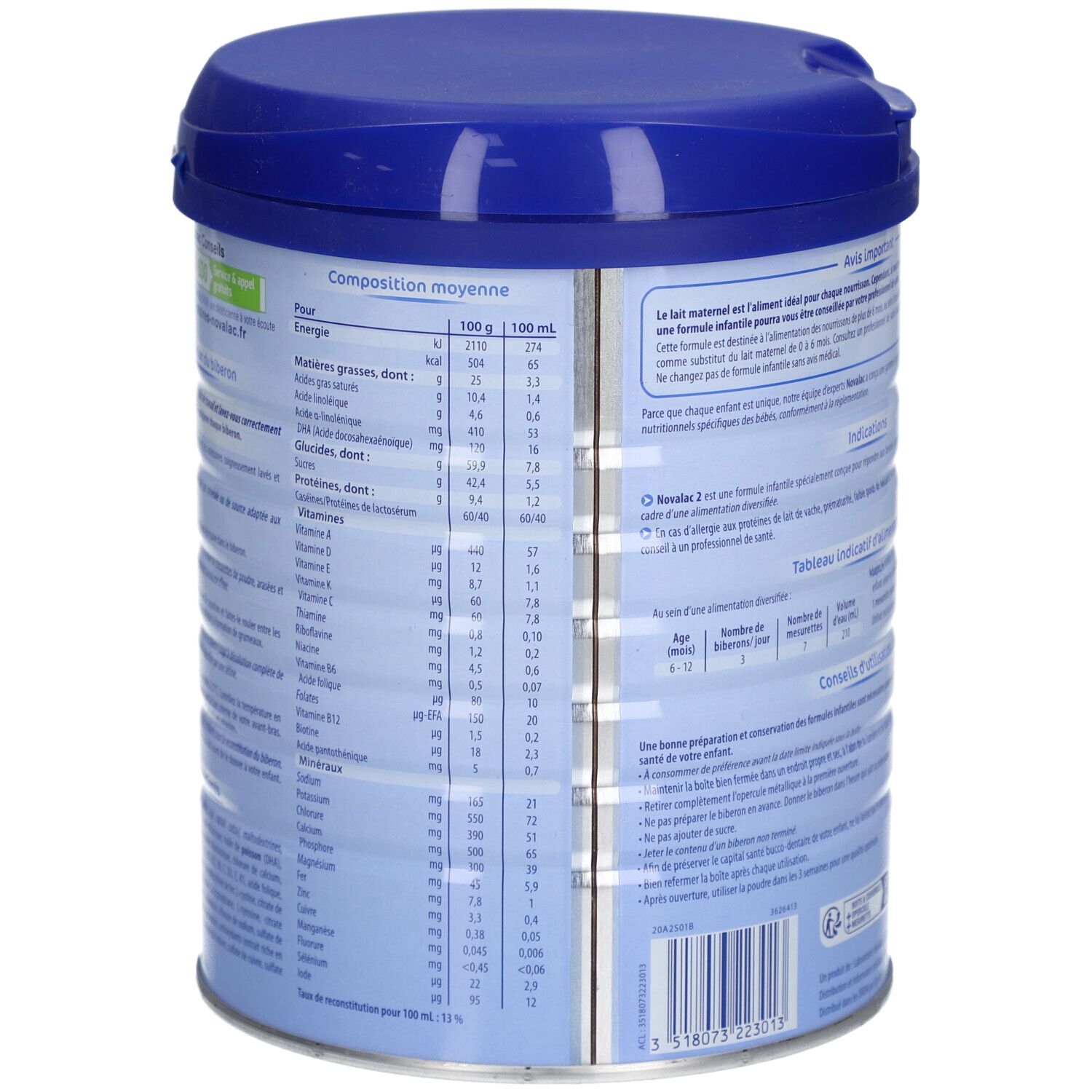 Dos de la boîte bleue. Tableau nutritionnel et autres informations. Écriture bleue sur fond blanc.
