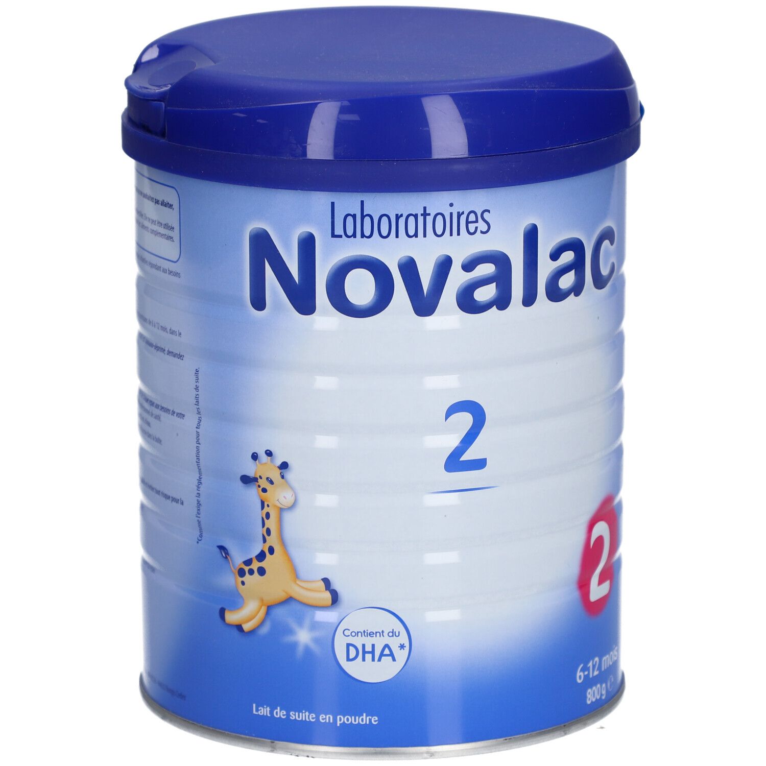 Boîte bleue avec couvercle. Inscription Novalac 2, girafe, logo DHA. Pour 6-12 mois. 800g.