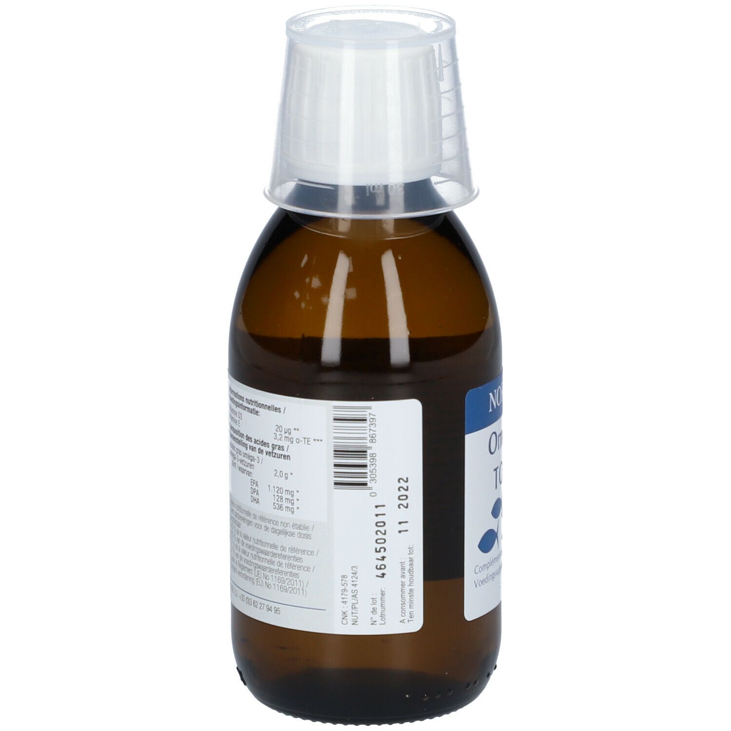 Rückseite der Flasche. Etikett mit Nährwertangaben und Barcode. NORSAN Omega-3 TOTAL. 200 ml.