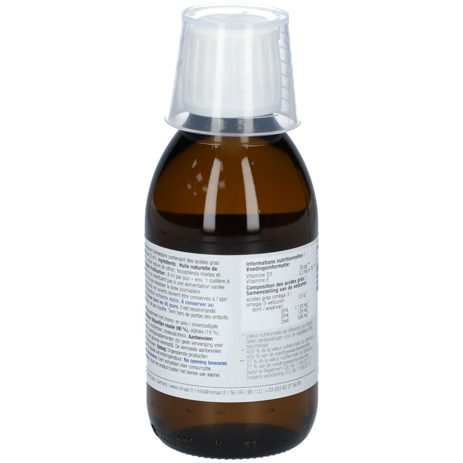 Rückseite der Flasche. Etikett mit Nährwertangaben. NORSAN Omega-3 TOTAL. 200 ml.