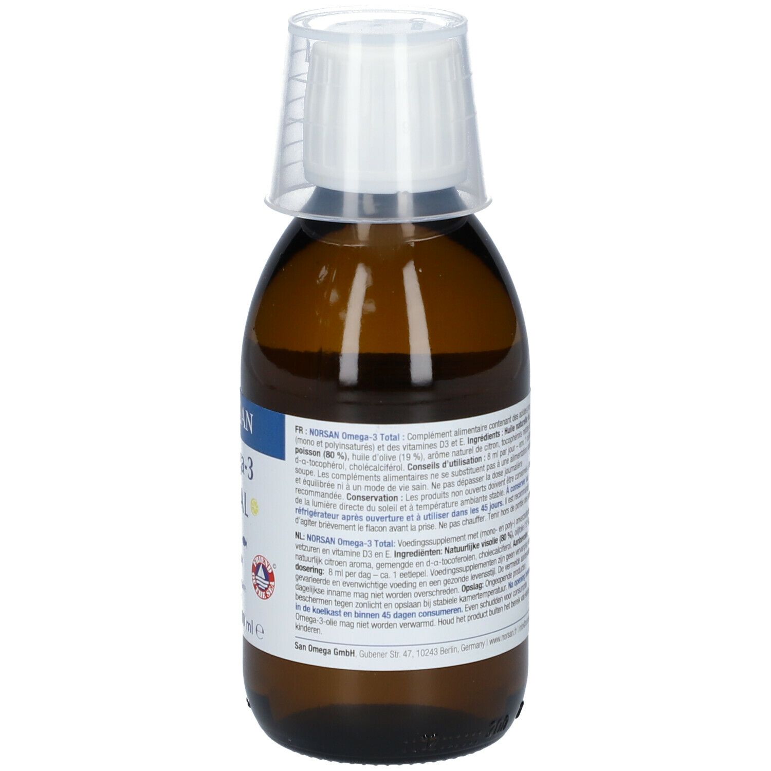 Rückseite der Flasche. Etikett mit Inhaltsstoffen und Anwendungshinweisen. NORSAN Omega-3 TOTAL. 200 ml.