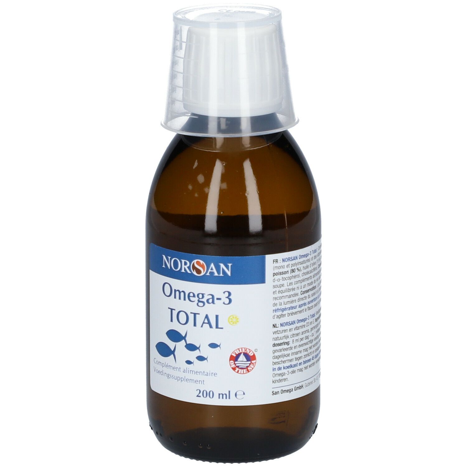 Braune Flasche mit weißem Messbecher. Aufschrift: NORSAN Omega-3 TOTAL. 200 ml. Fischöl Zitrone.