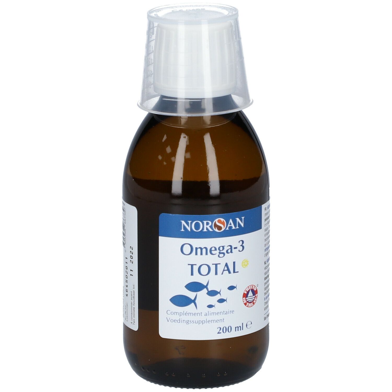 Braune Flasche mit weißem Messbecher. Aufschrift: NORSAN Omega-3 TOTAL. 200 ml. Fischöl Zitrone.