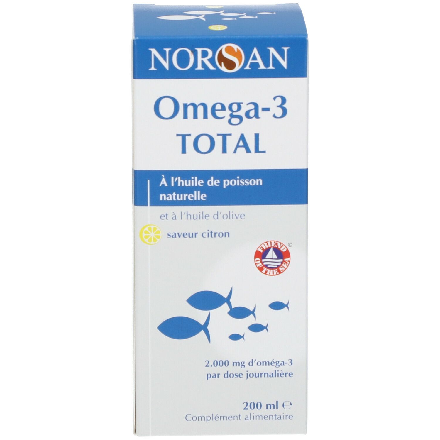 Produkt und Verpackung. Karton mit Aufschrift: NORSAN Omega-3 TOTAL. 200 ml. Fischöl Zitrone.