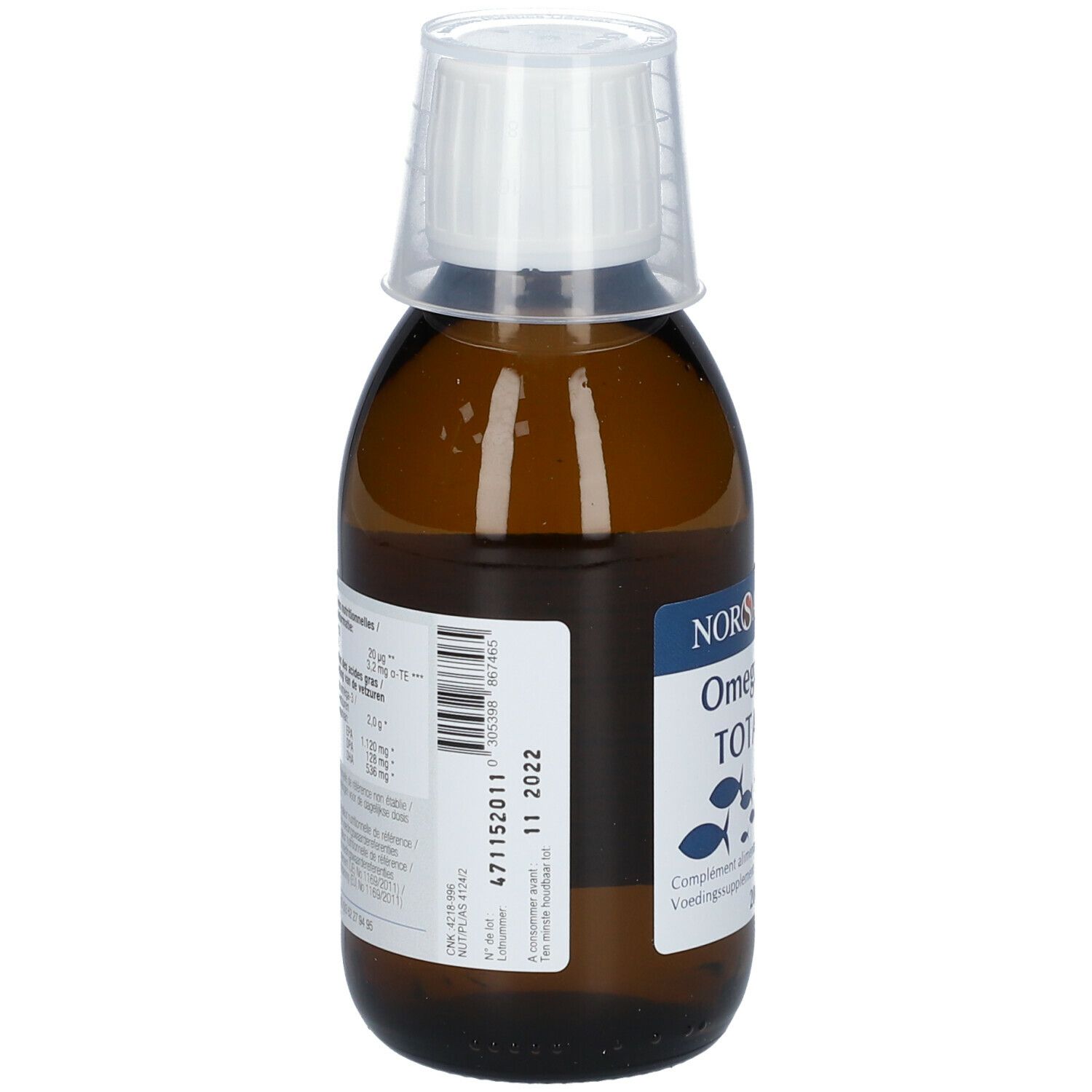 Braune Flasche mit Messbecher. Aufkleber mit Barcode und Verfallsdatum: 11 2022. NORSAN Omega-3 TOTAL.
