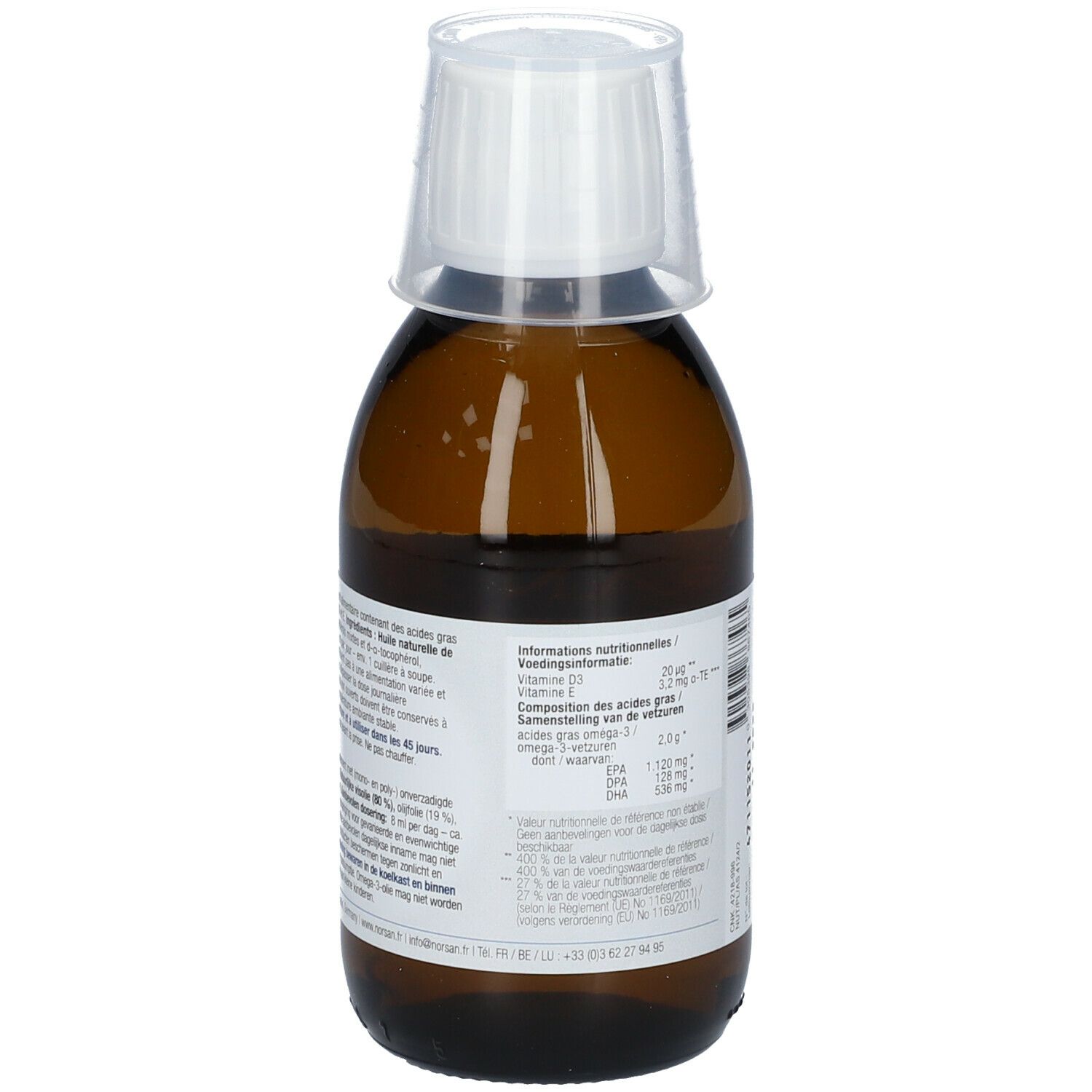 Braune Flasche mit Messbecher. Rückseite mit Nährwertinformationen. NORSAN Omega-3 TOTAL.