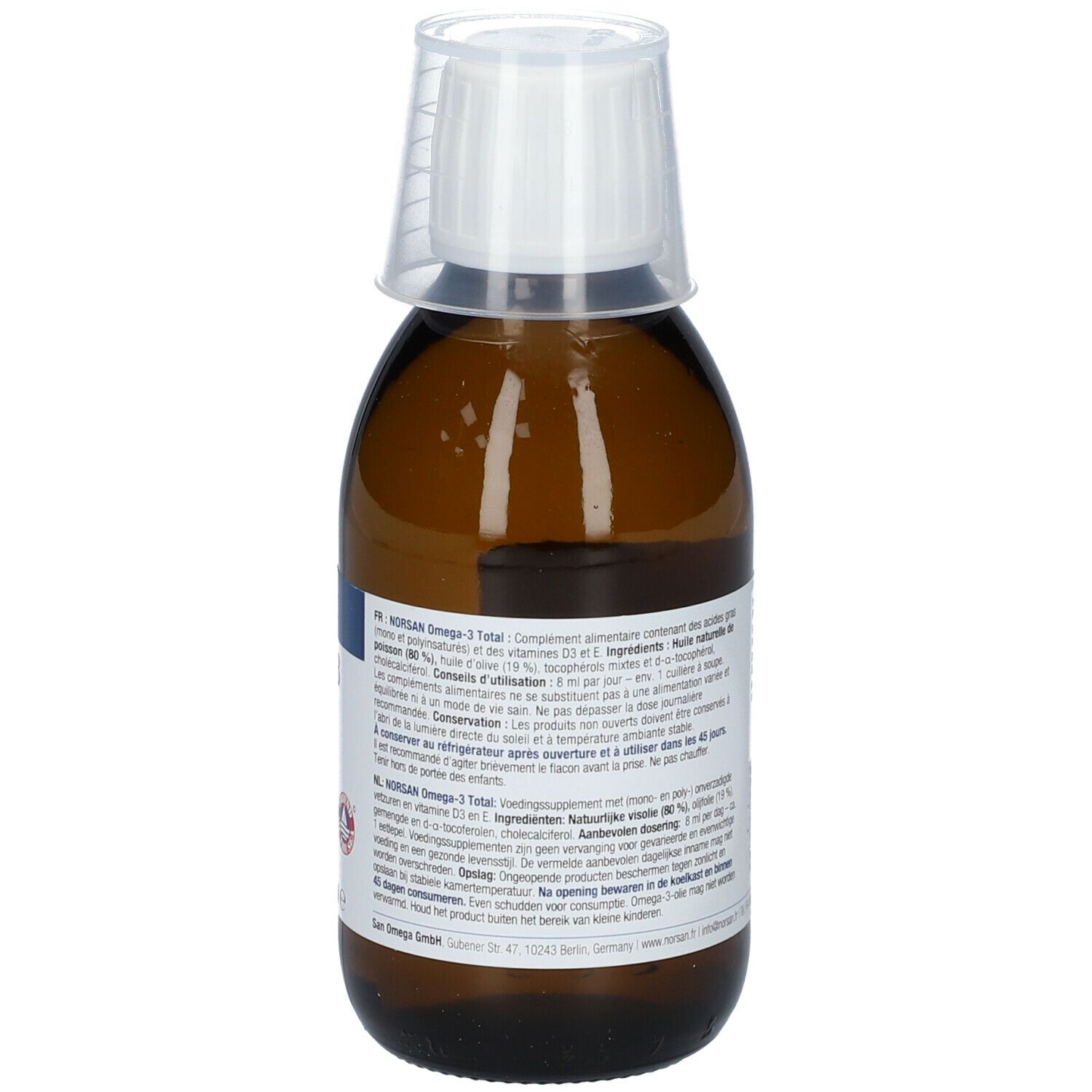 Braune Flasche mit Messbecher. Rückseite mit Text. NORSAN Omega-3 TOTAL. Fischöl-Nahrungsergänzungsmittel.
