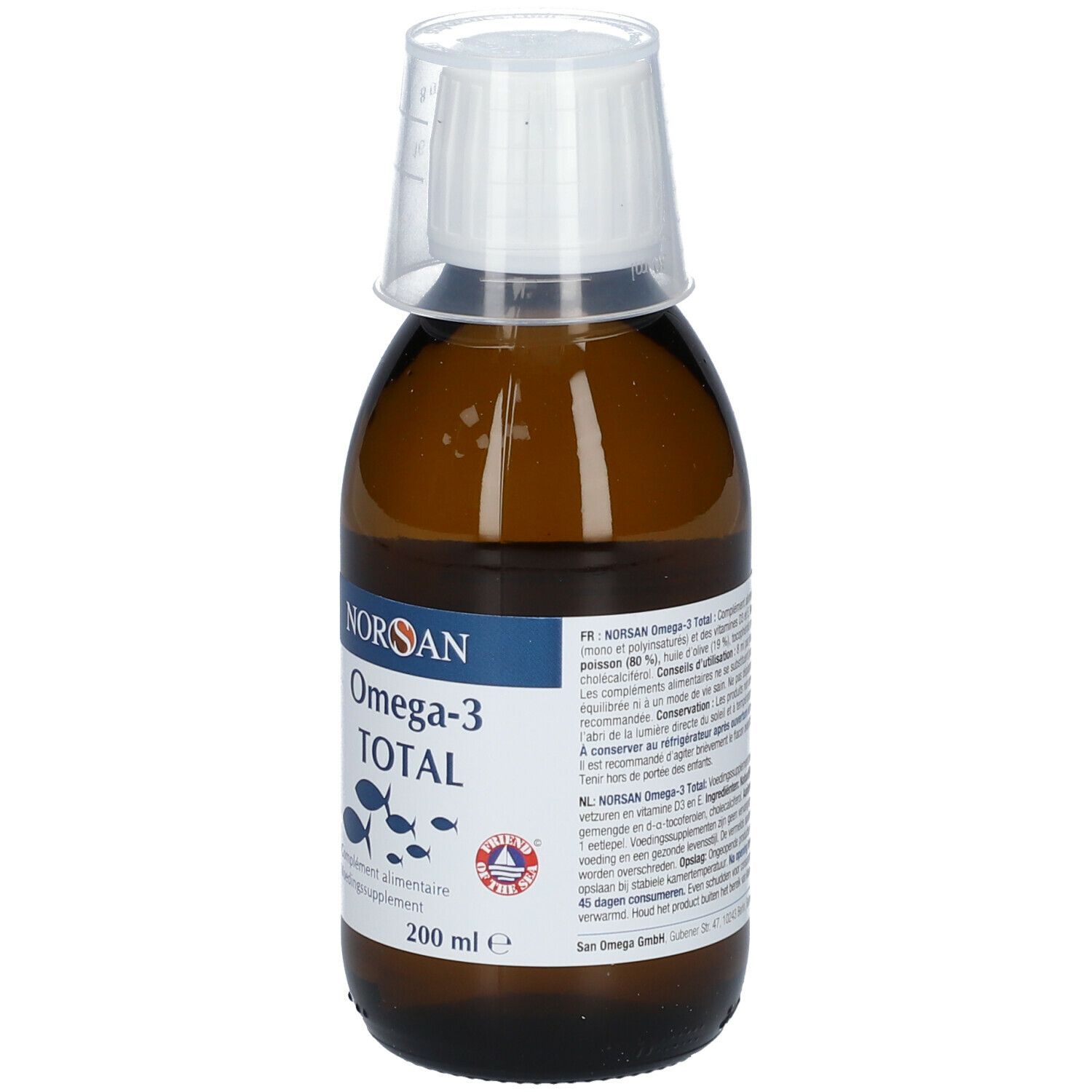 Braune Flasche mit Messbecher. Aufschrift: NORSAN Omega-3 TOTAL. 200 ml. Fischöl-Nahrungsergänzungsmittel.