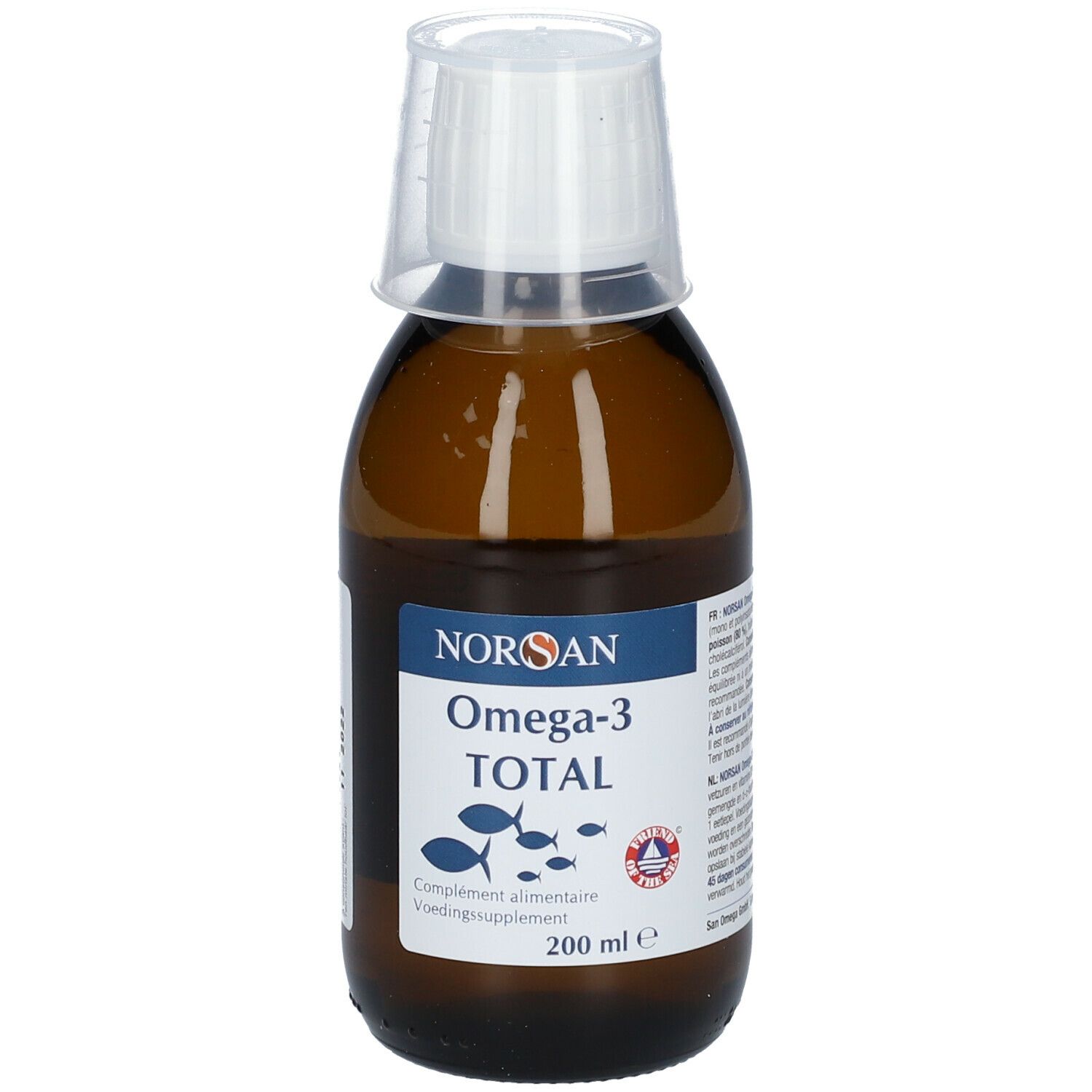 Braune Flasche mit Messbecher. Aufschrift: NORSAN Omega-3 TOTAL. 200 ml. Fischöl-Nahrungsergänzungsmittel.