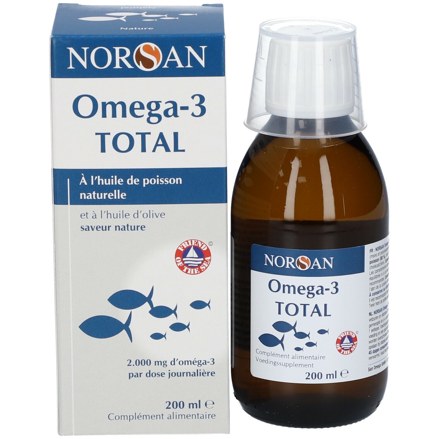 Produktverpackung: Flasche mit Messbecher und Karton. Aufschrift: NORSAN Omega-3 TOTAL. 200 ml. Fischöl.