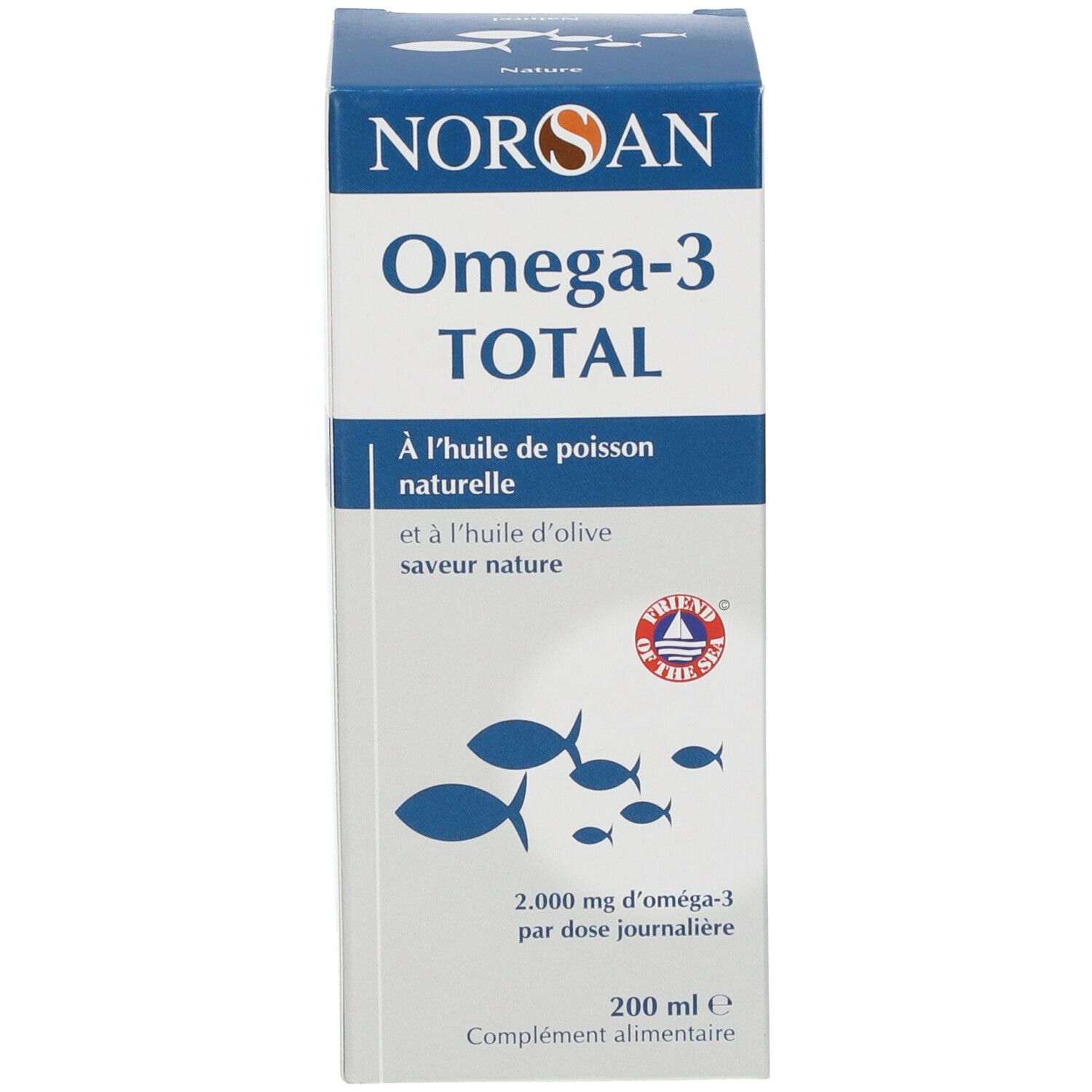 Produktverpackung: Karton. Aufschrift: NORSAN Omega-3 TOTAL. 200 ml. Fischöl. Mit Fisch-Symbol.