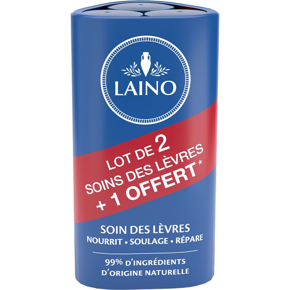 Emballage bleu et rouge avec logo LAINO. Texte : LOT DE 2 SOINS DES LÈVRES + 1 OFFERT. 99% d'ingrédients d'origine naturelle.