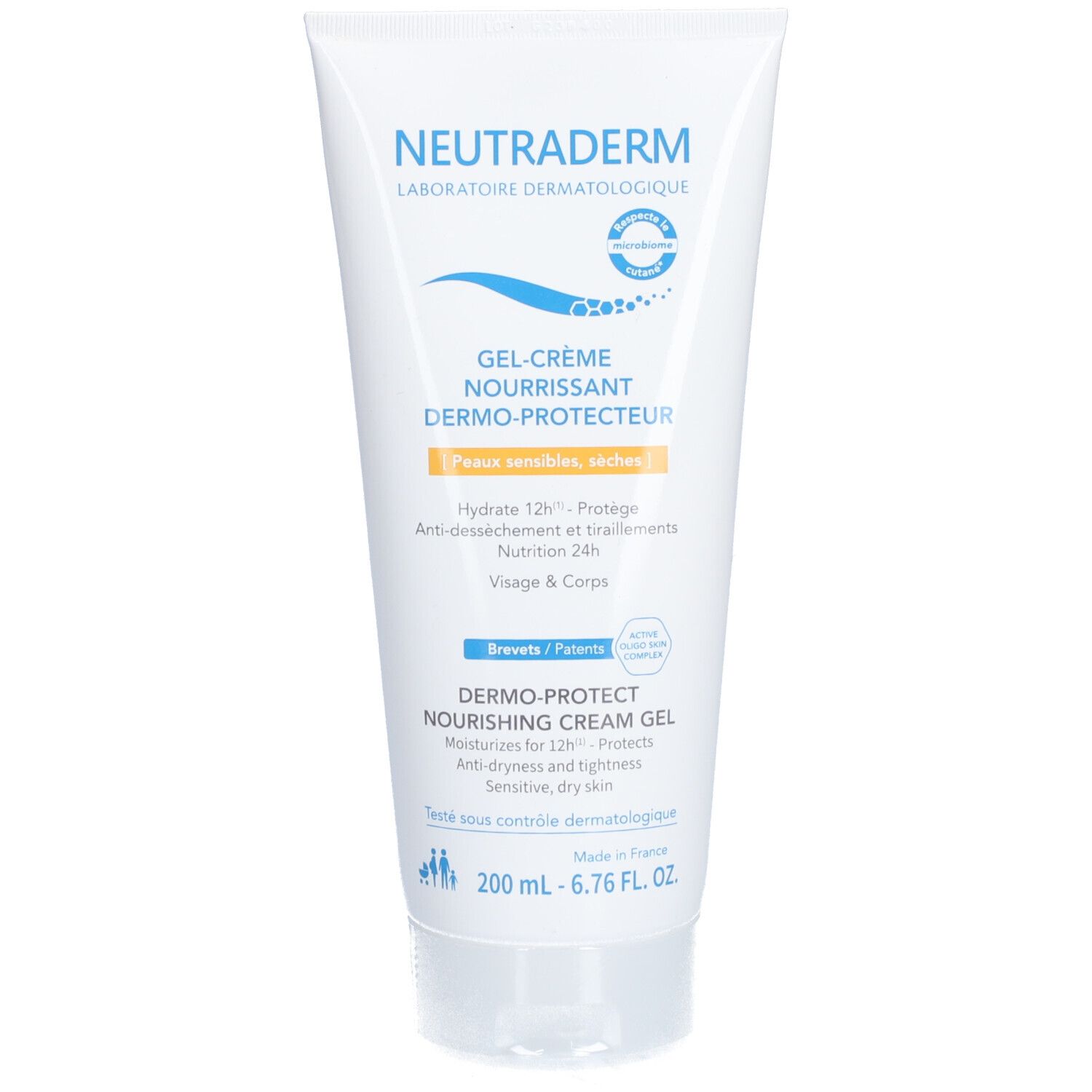 Tube blanc avec texte bleu. Contient Gel-Crème Nourrissant Dermo-Protecteur. Testé dermatologiquement.