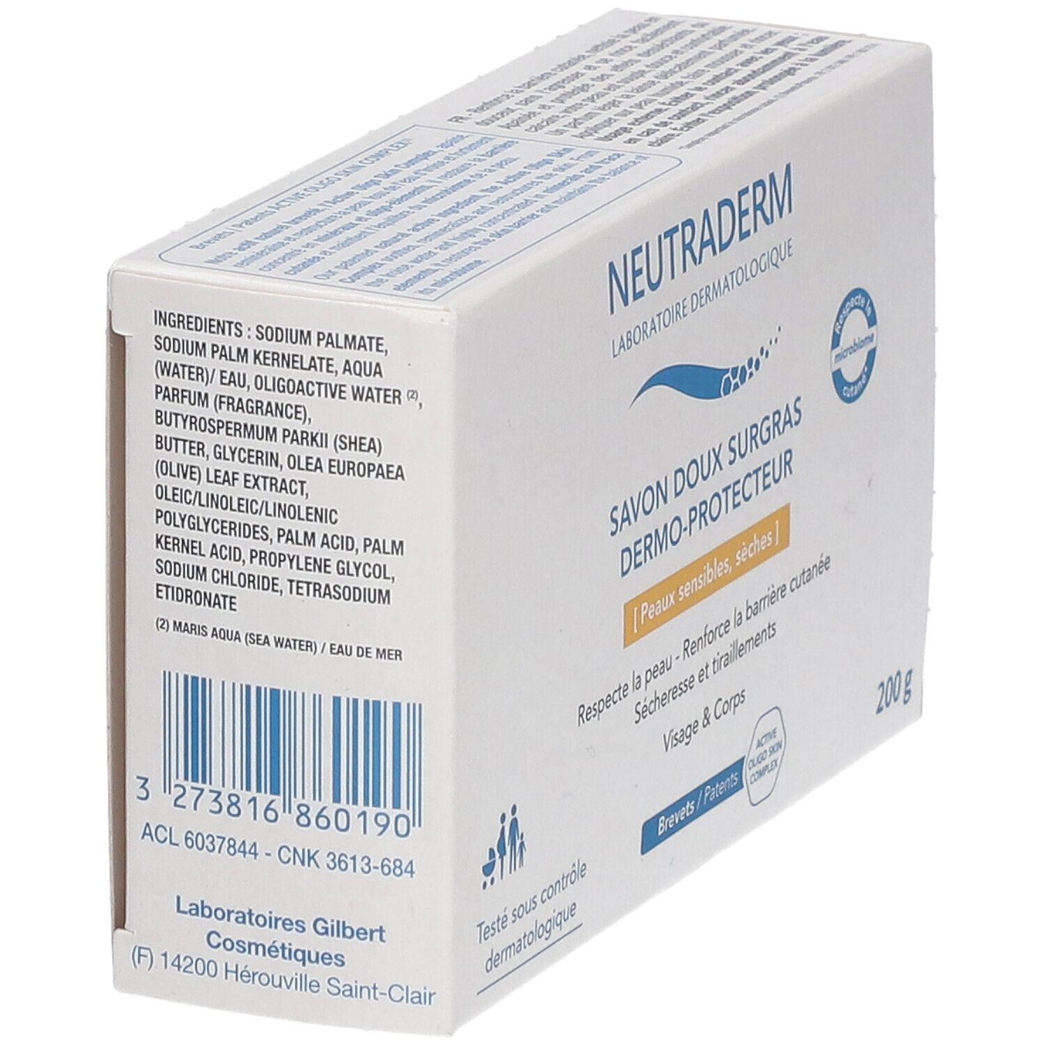 Boîte blanche avec nom et logo du produit. Liste des ingrédients et code-barres. Texte : Savon doux surgras dermo-protecteur. 200 g.