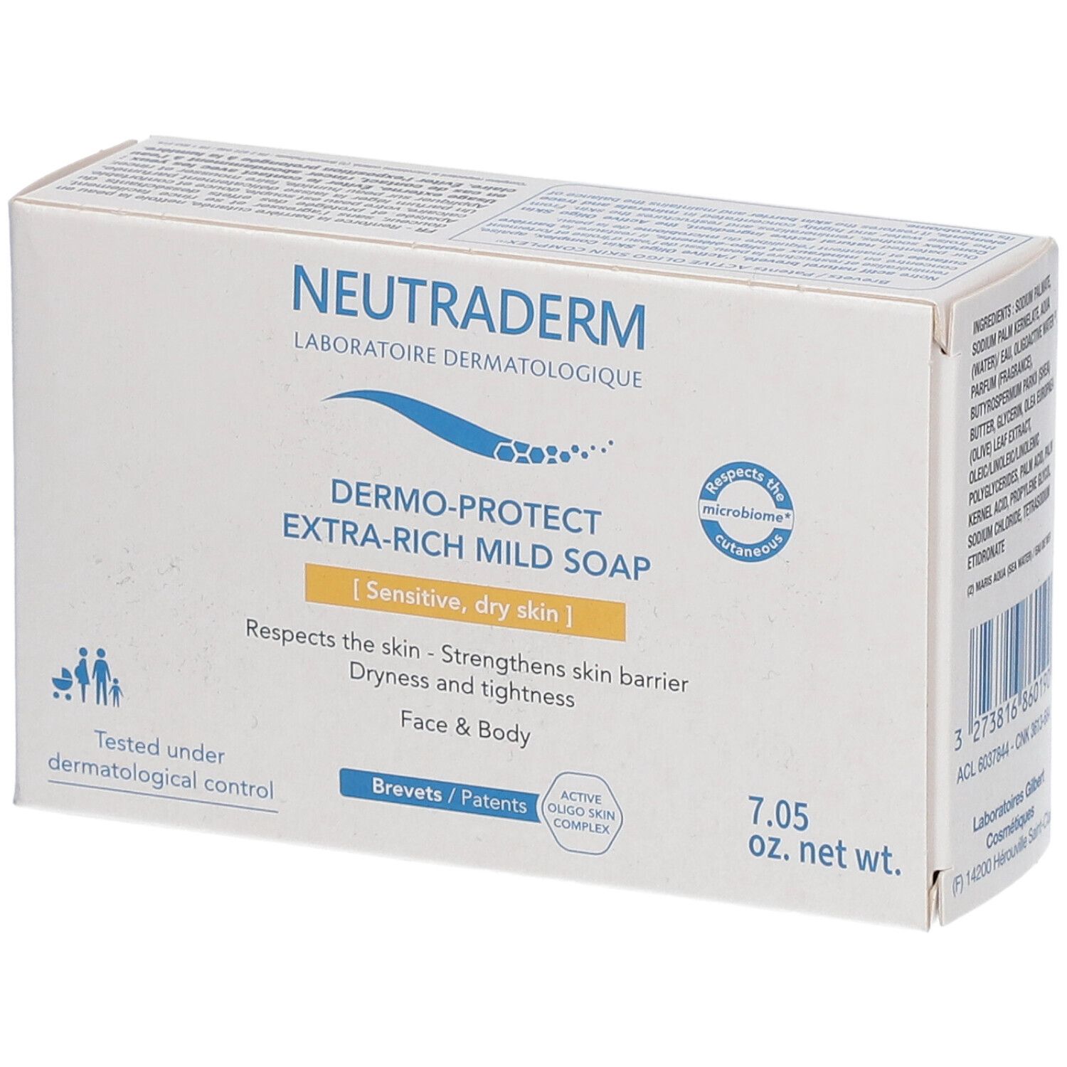 Boîte blanche avec nom et logo du produit. Texte : Dermo-Protect Extra-Rich Mild Soap. Pour peaux sensibles, sèches. 7.05 oz.