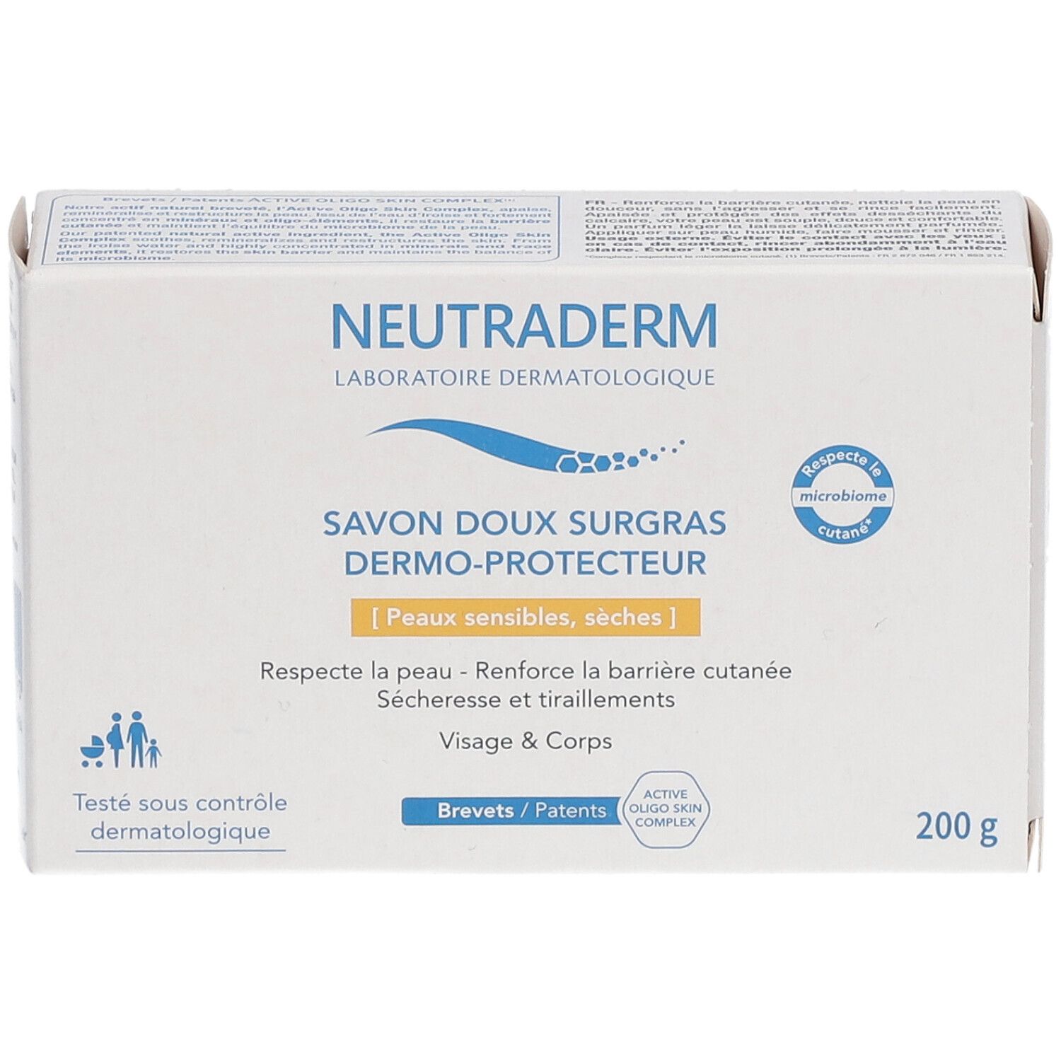 Boîte blanche avec nom et logo du produit. Texte : Savon doux surgras dermo-protecteur. Pour peaux sensibles, sèches. 200 g.